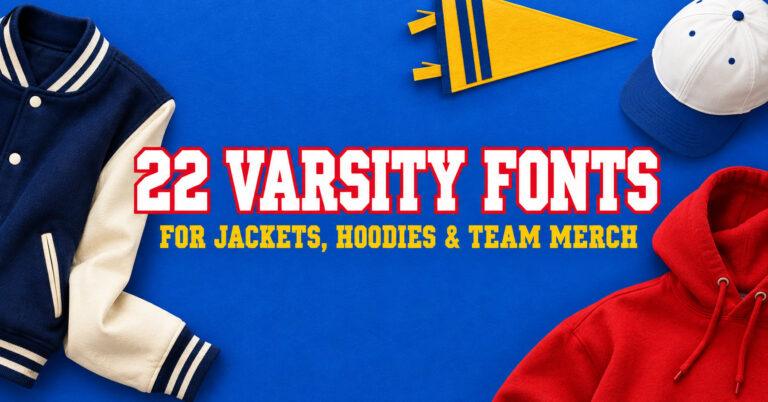 22 Varsity Fonts for Jackets, Hoodies and Team Merch: letterman jacket, hoodie, pennant and cap on a blue background