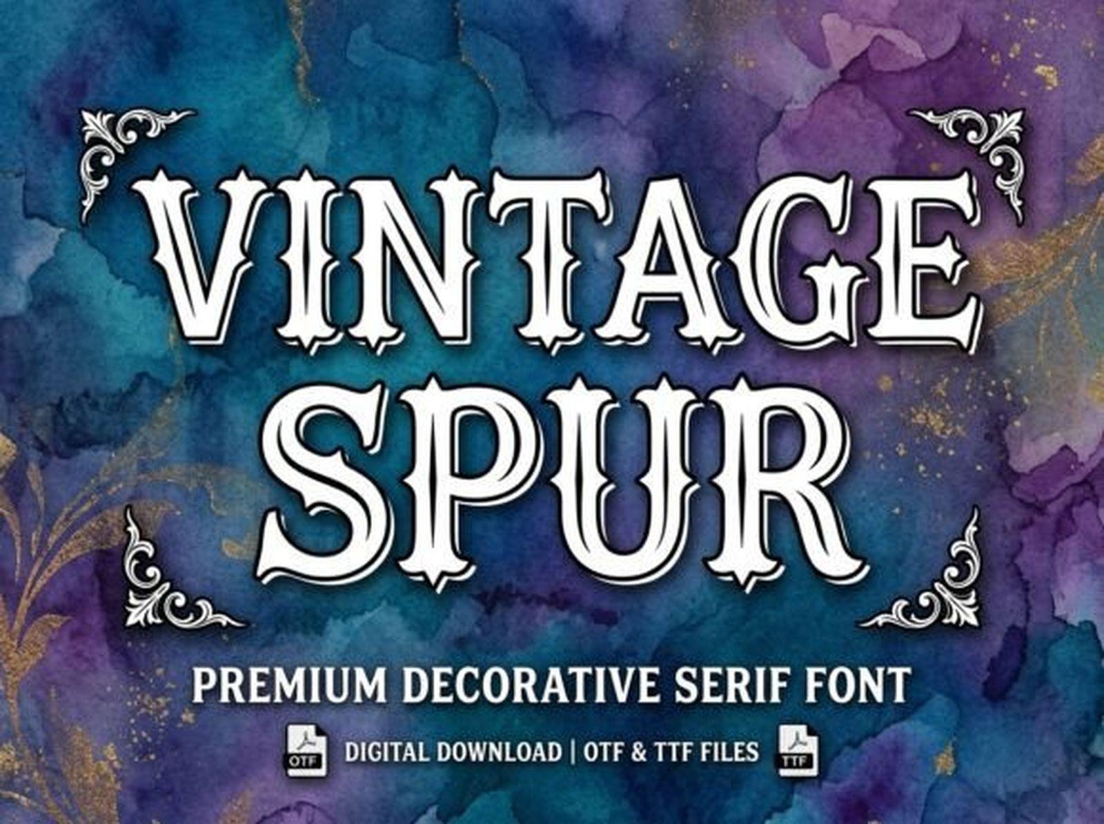Vintage Spur Font preview, western serif tattoo font for men