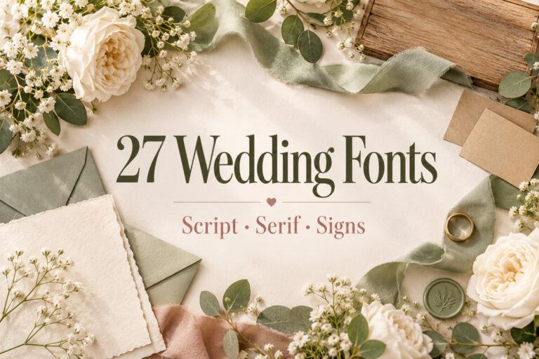 27 Wedding Fonts for script, serif and sign lettering on a cream wedding stationery flat lay with a blank invitation, place cards, roses and a gold ring