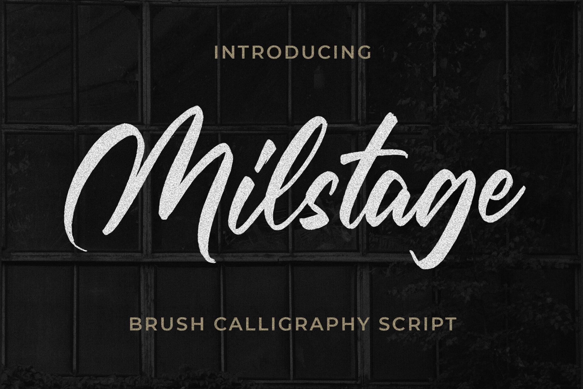 Milstage Font by Blankids Studio, white textured brush calligraphy on a dark background