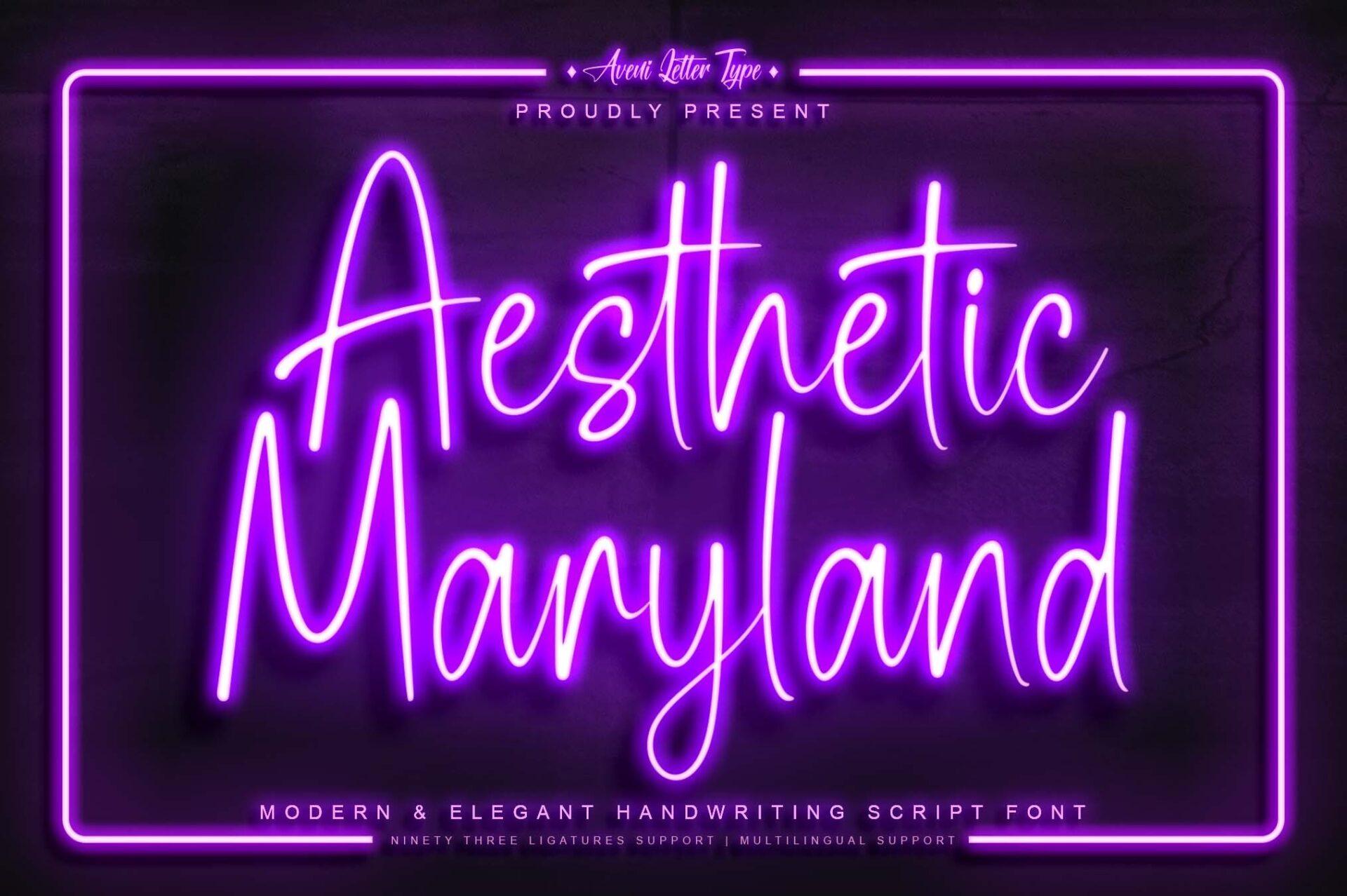 Aesthetic Maryland Font by Aveni Letter Type, monoline handwriting script shown as neon