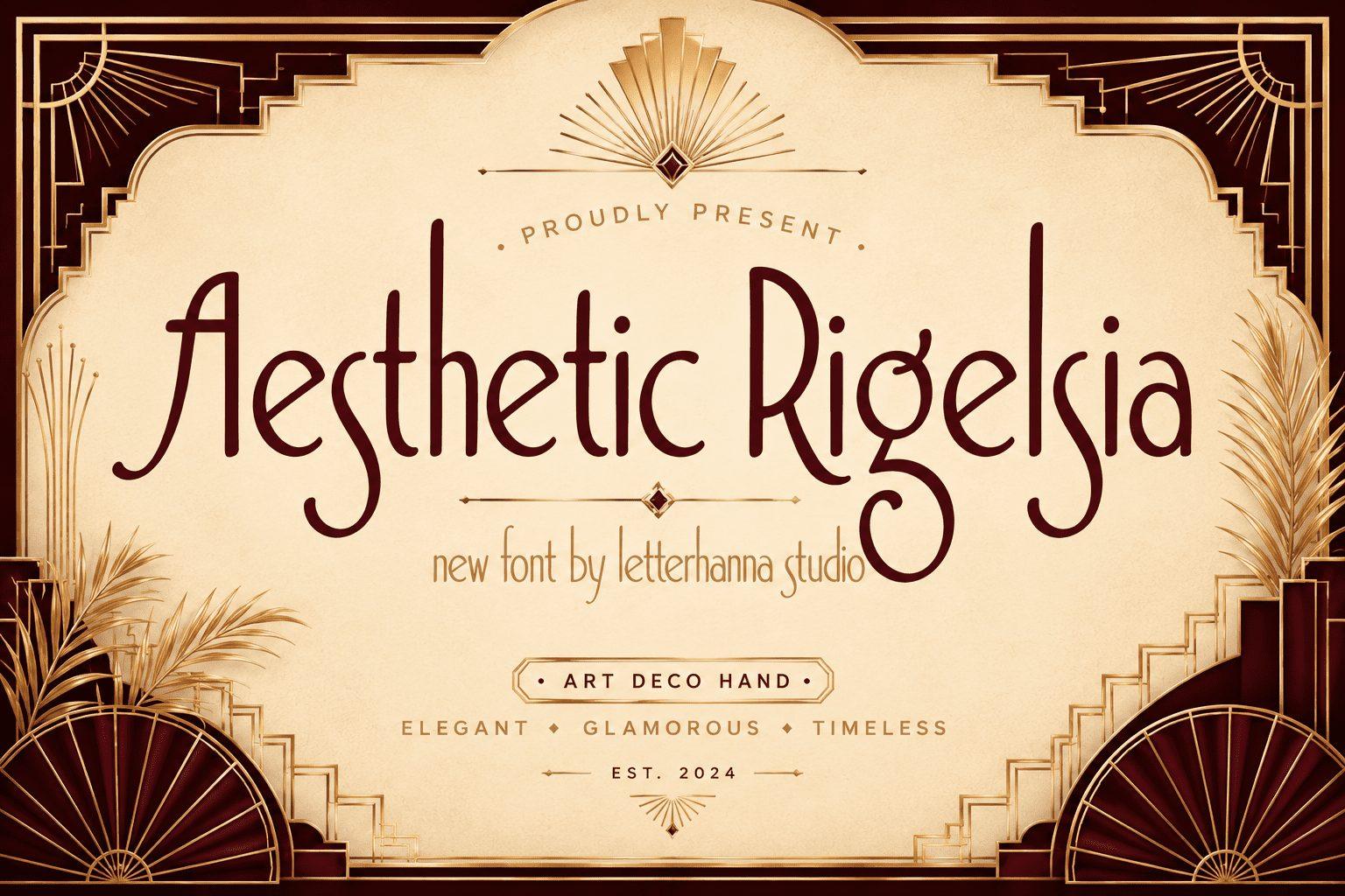 Aesthetic Rigelsia Font by letterhanna, art deco hand font in burgundy