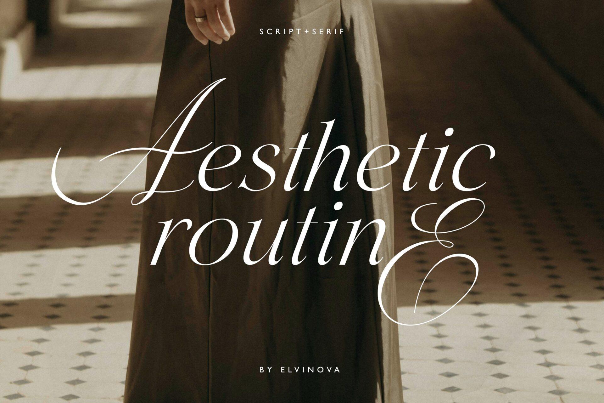 Aesthetic Routine Font by elvinova, script and serif mix in white on a fashion photo