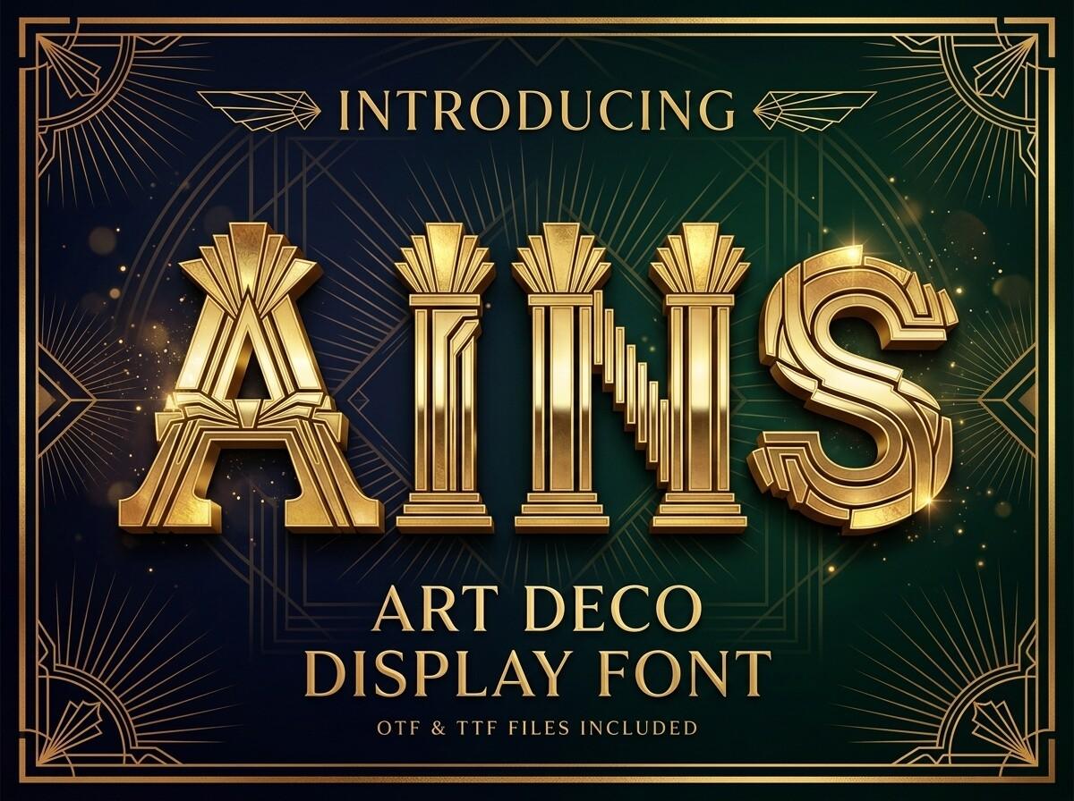 Ains Font by Raholco, Art Deco capitals with sun-ray ornaments