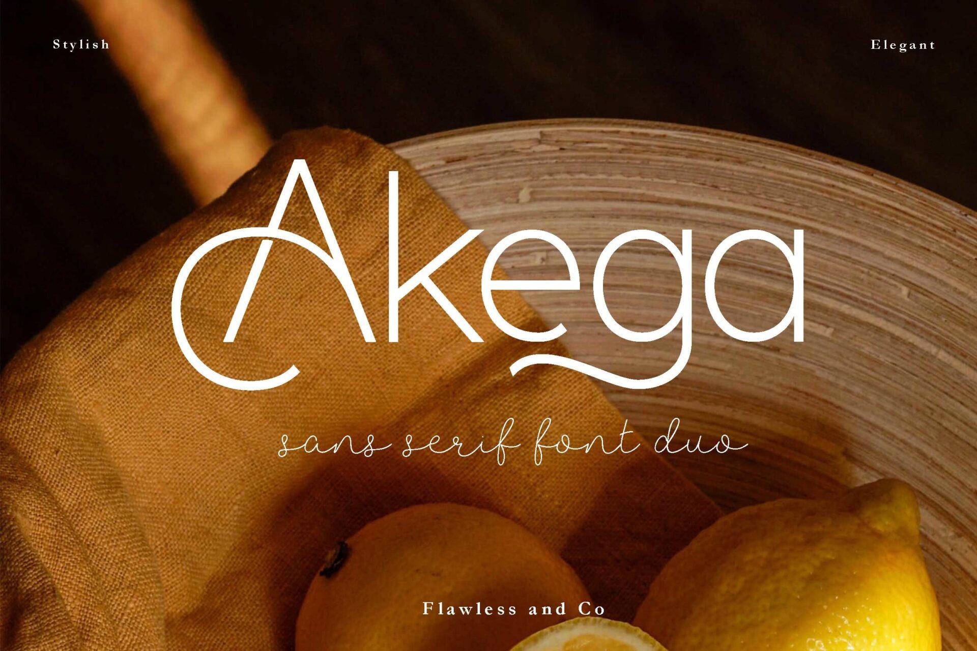 Akega Duo Font by Flawless And Co, thin geometric sans with a curled A and a light script font pairing preview