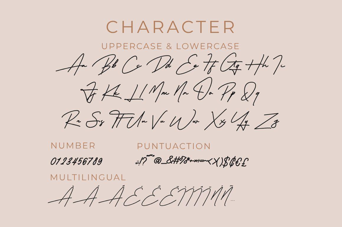 Almonde Font by Muwatta Studio character set, very thin pointed signature calligraphy