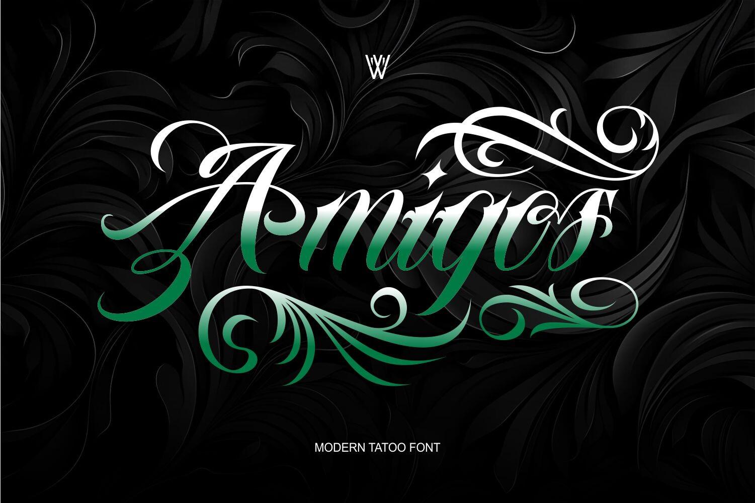 Amigos Font by Whymore, Chicano tattoo script with ornamental swashes above and below the word, tattoo font preview