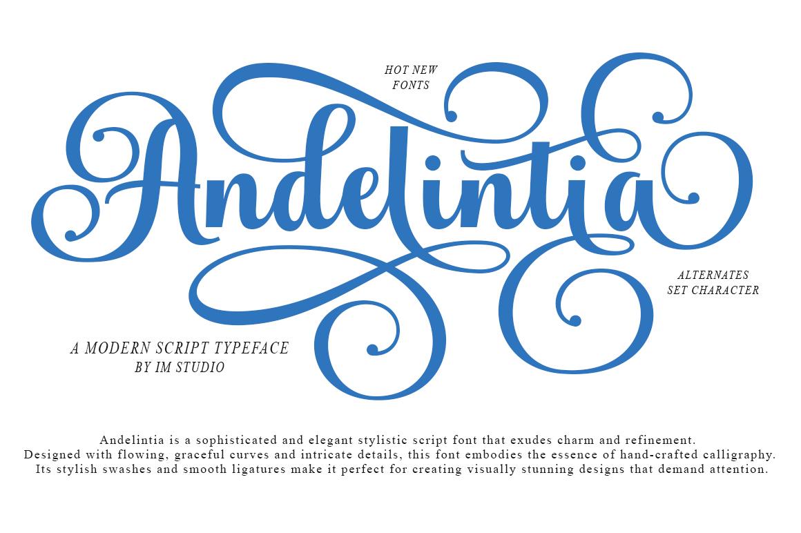 Andelintia Font by IM Studio, blue script with curled ball-end swashes