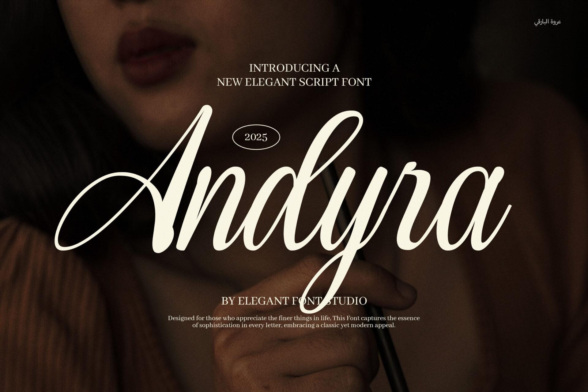 Andyra Font by ElegantFont, ivory elegant script with long slanted strokes over a dark portrait photo