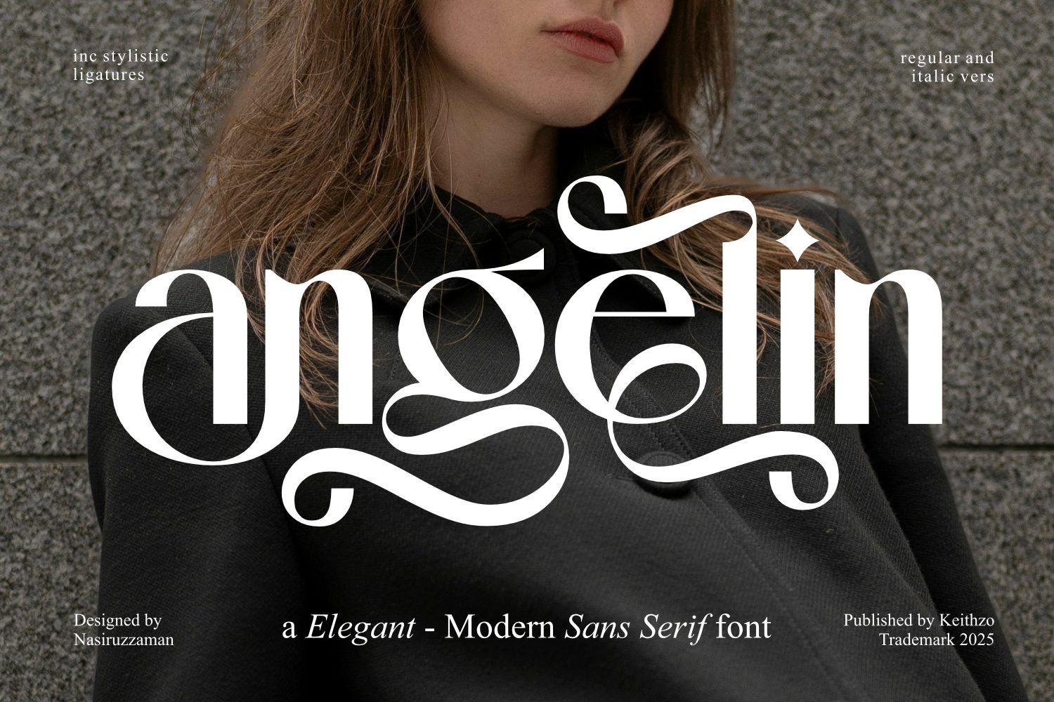 Angelin Font by Keithzo (7NTypes), high-contrast lowercase sans with swirling swashes in white on black