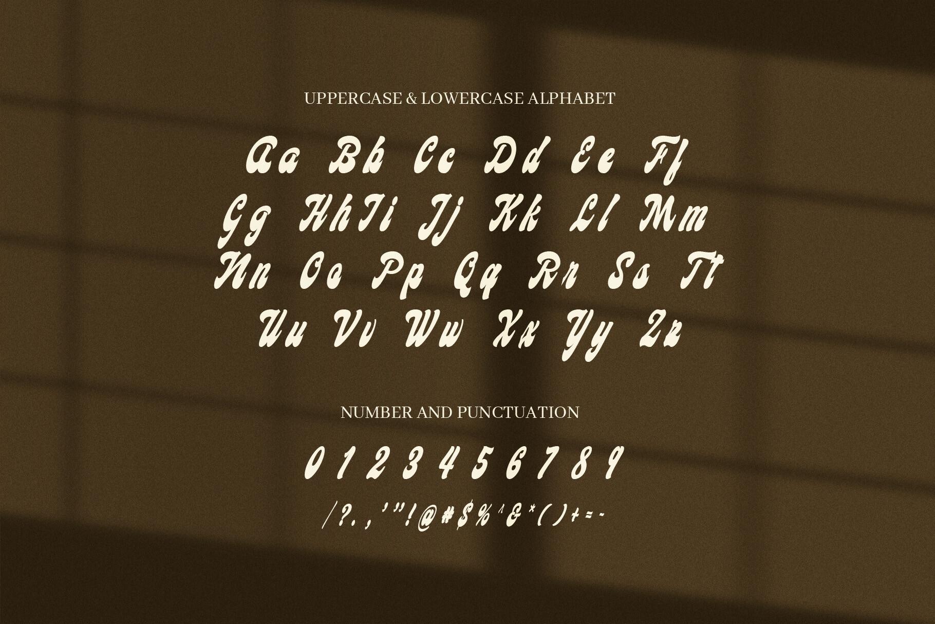 Angkara Font by ElegantFont alphabet with vintage script uppercase, lowercase and numbers