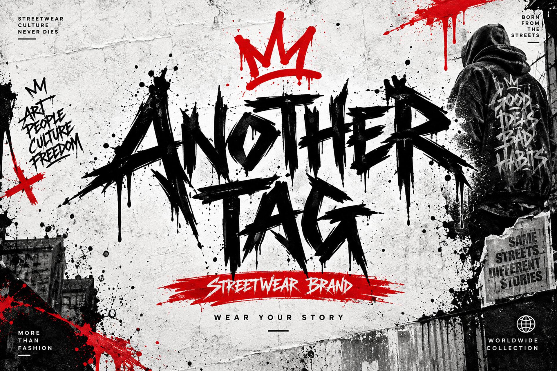 Another Tag Font by BILLI, black brush tag lettering with a crown on a grunge background font preview