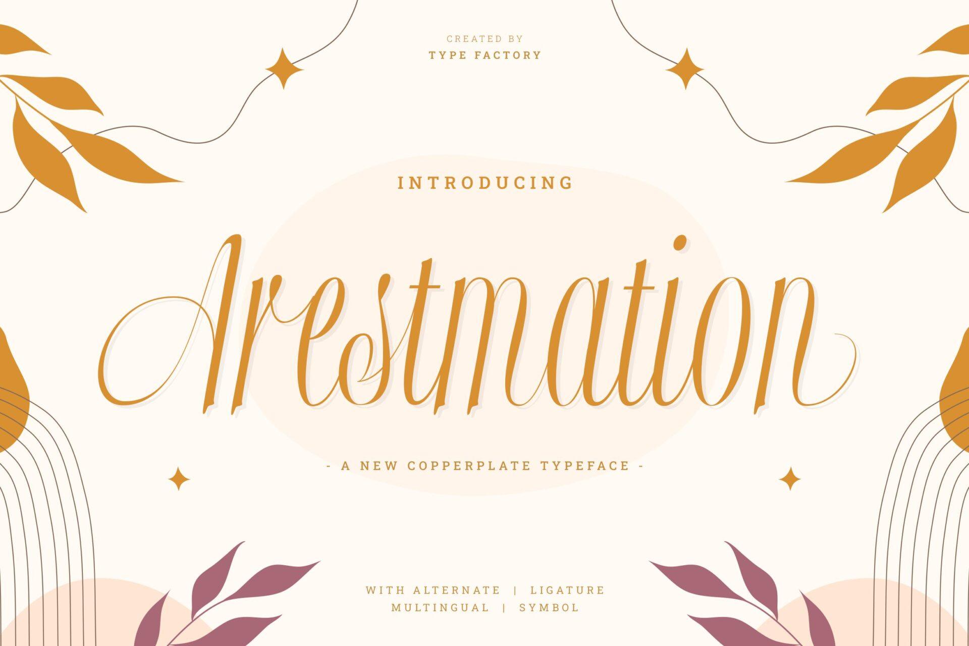 Arestmation Font by TypeFactory, gold narrow upright copperplate on cream