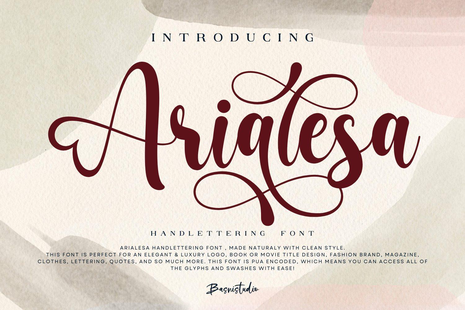 Arialesa Font by bee.genin, deep burgundy high-contrast calligraphy with an oversized looping capital A