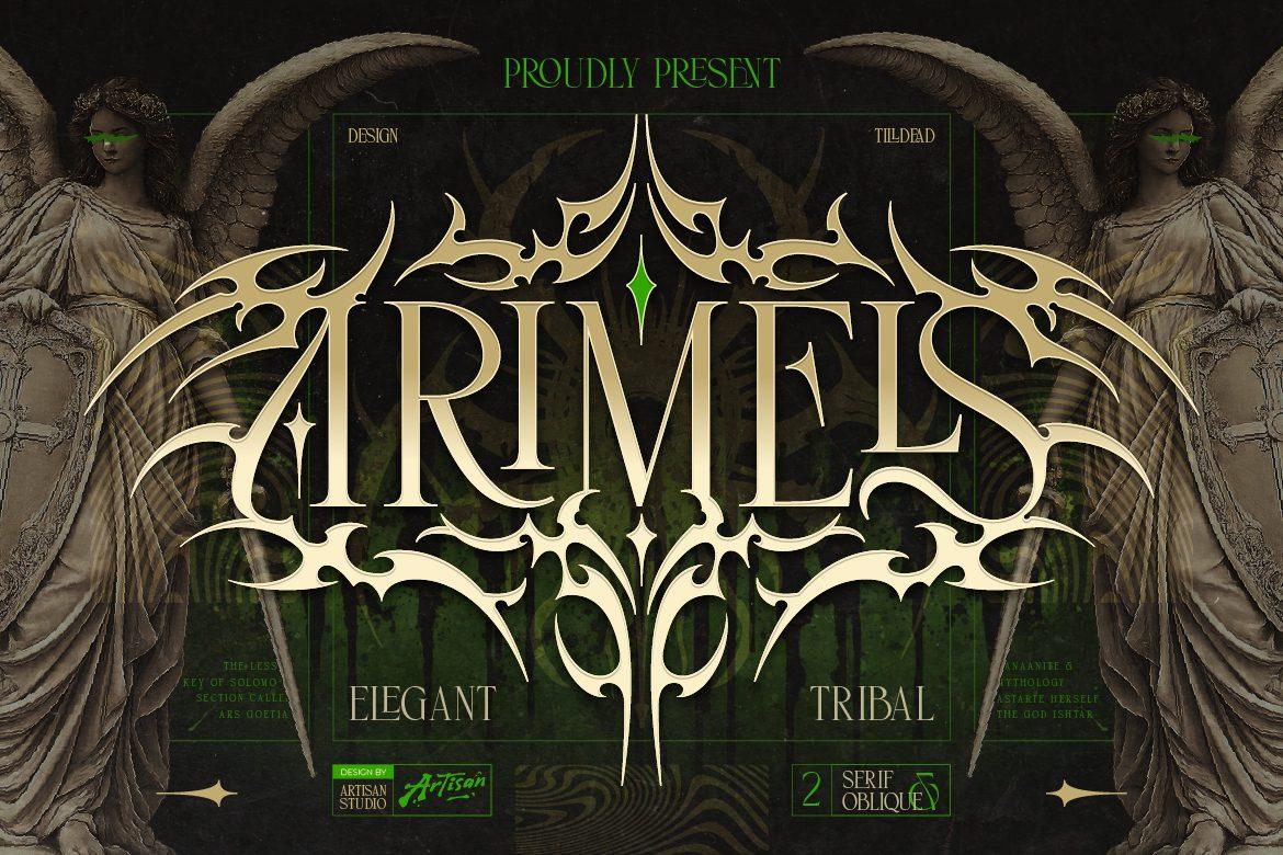 Arimels Font by Artisan Themes, cream tribal blackletter word with thorny spikes extending from the letters, tattoo font preview