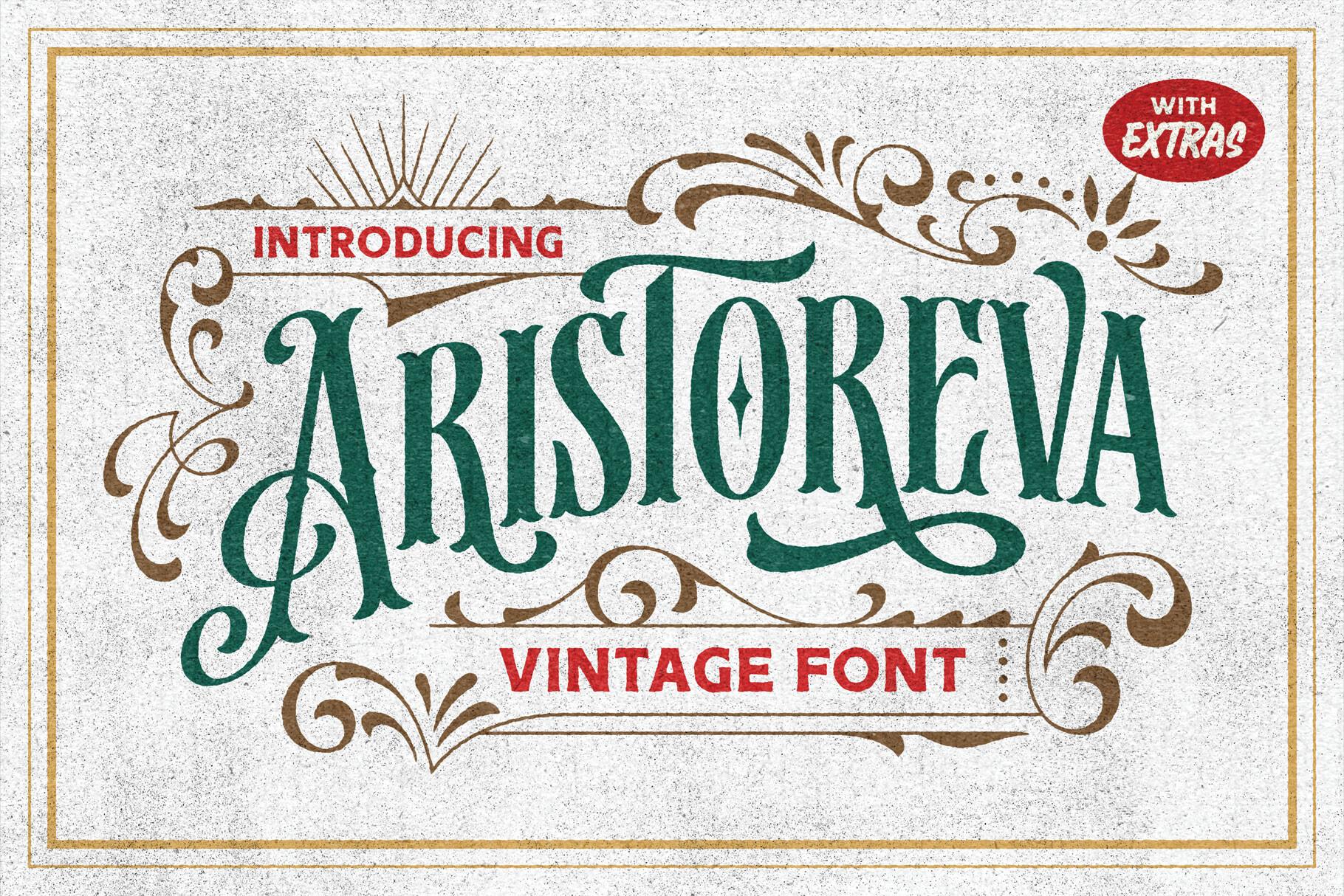 Aristoreva Font by Arterfak Project, tall narrow deep green swash capitals in a red-brown ornamental frame on a worn cream preview