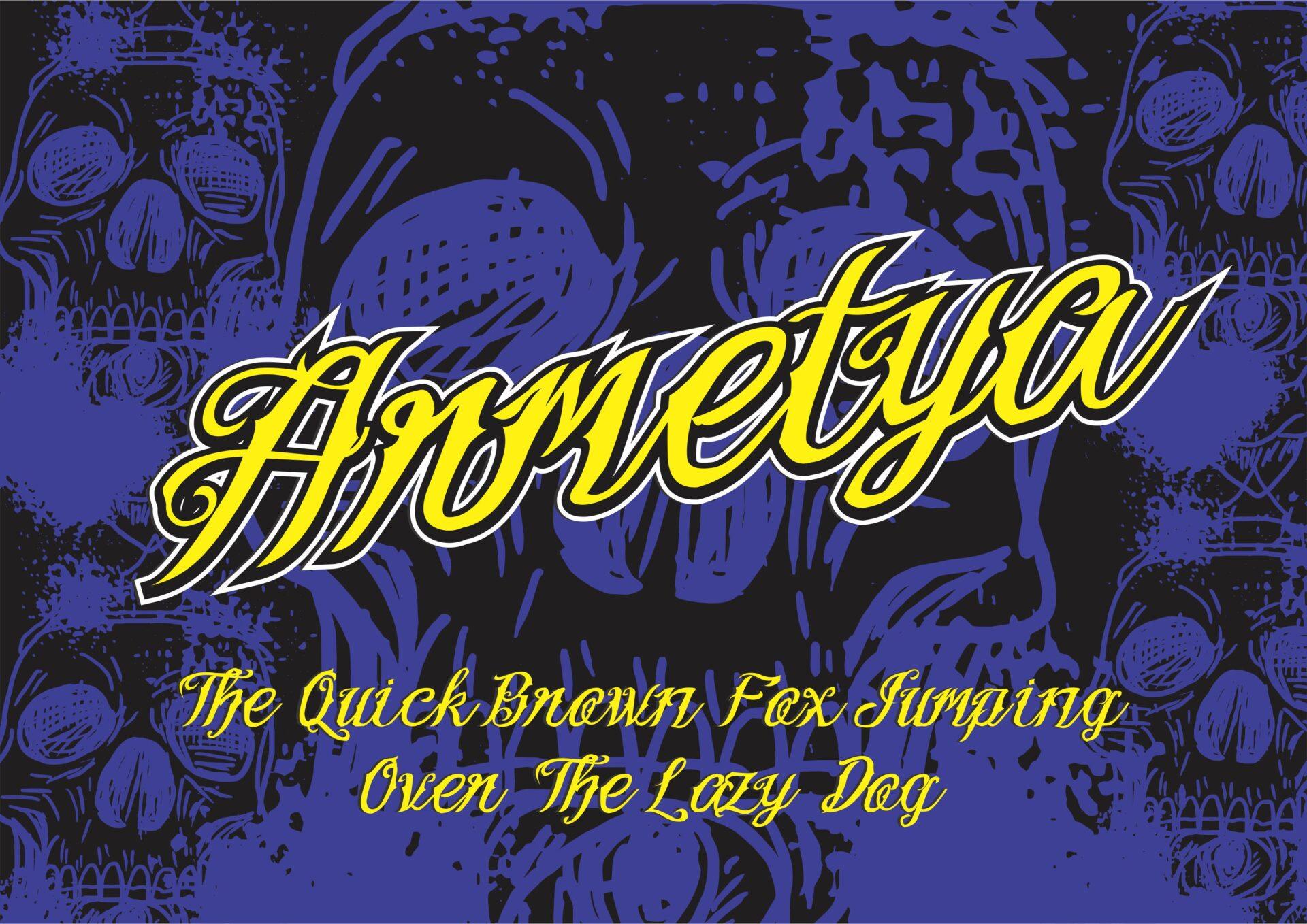 Armetya Font by victoriant99, narrow angular yellow script with a pangram sentence on a skull background, tattoo font preview