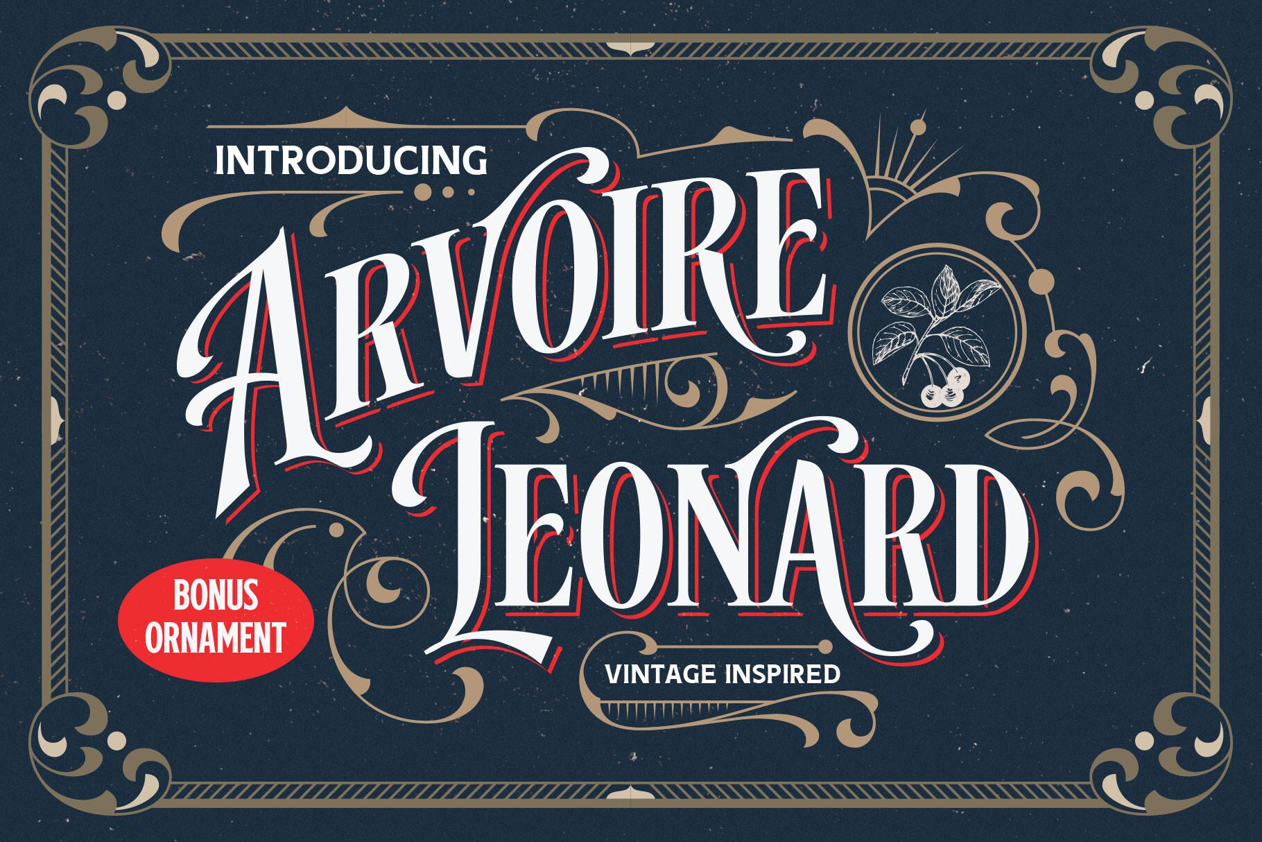 Arvoire Leonard Font by Arterfak Project, white all-caps letters with a red shadow on a navy ornamental preview