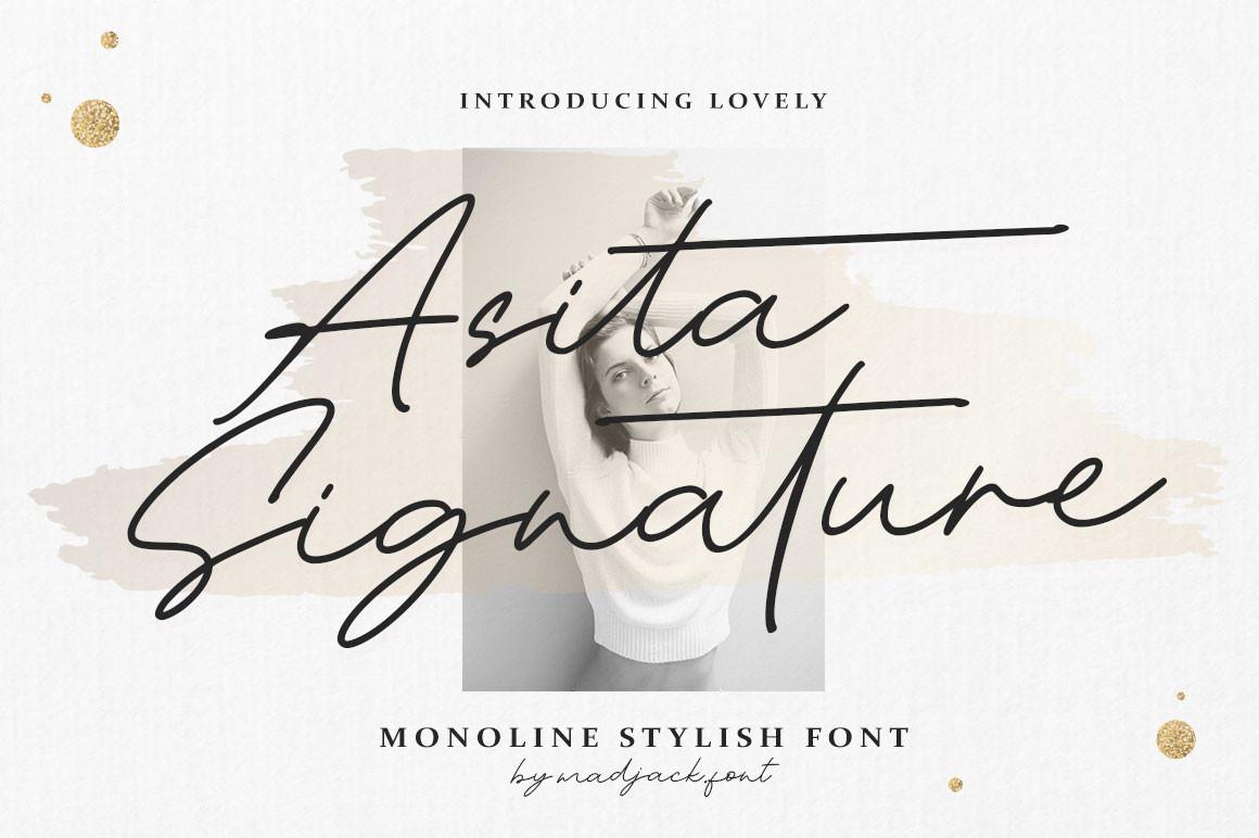 Asita Signature Font by madjack.font, monoline signature script with long crossbars stretching over the letters