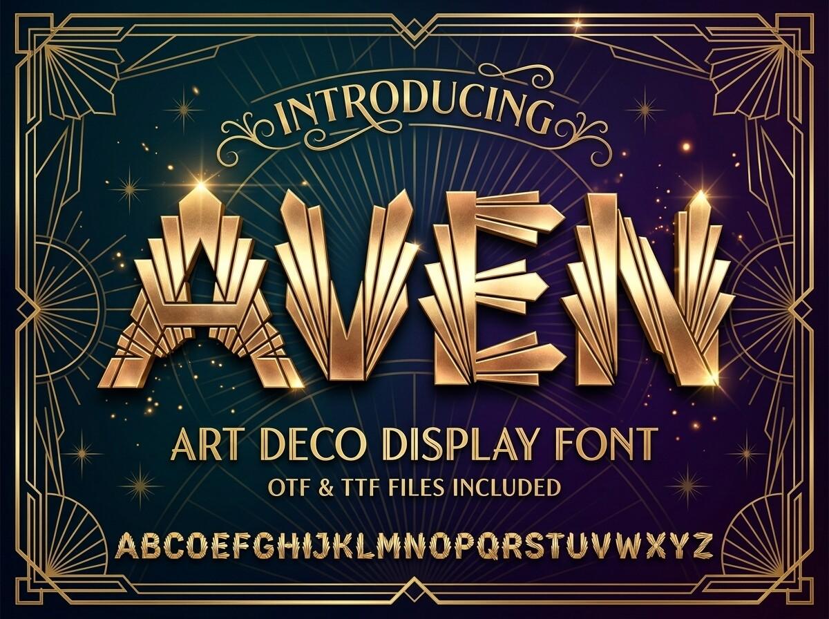 Aven Font by Raholco, gold Art Deco capitals with fan details