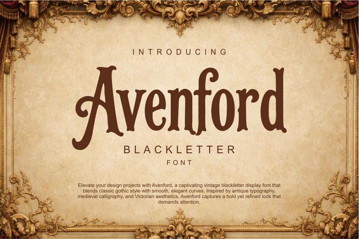 Avenford Font by Eko Kurniawan, brown flared blackletter-style letters on aged paper in a gold frame preview
