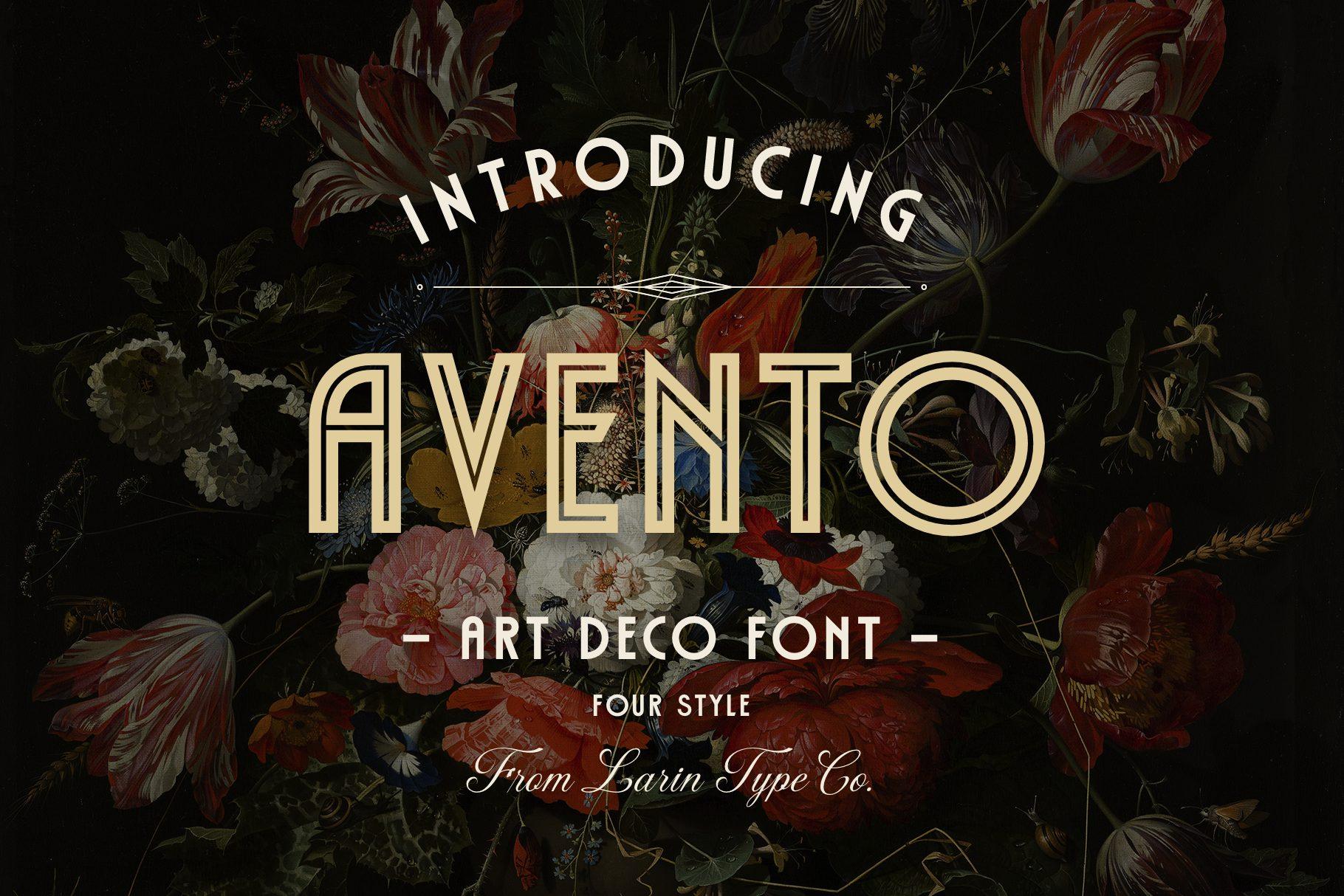 Avento Font by Pasha Larin, thin gold Art Deco capitals over a dark floral still-life preview