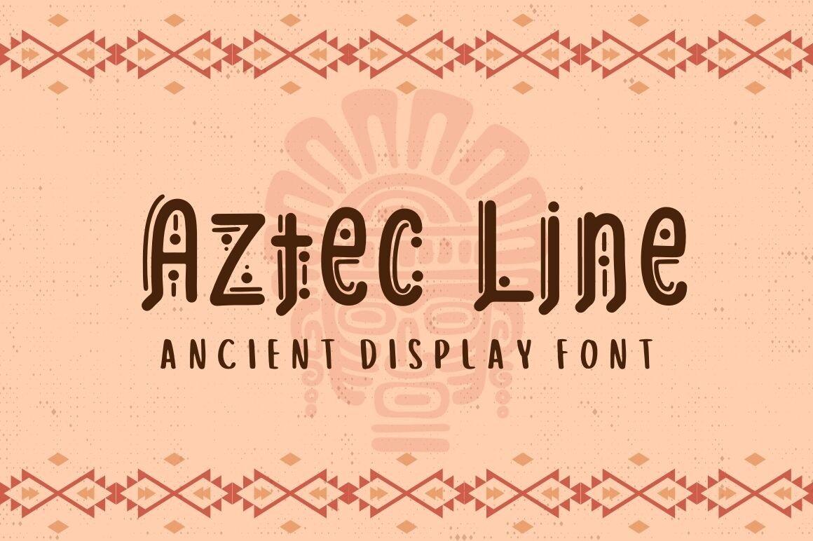 Aztec Line Font by attypestudio, narrow brown geometric letters with dots on a peach patterned preview