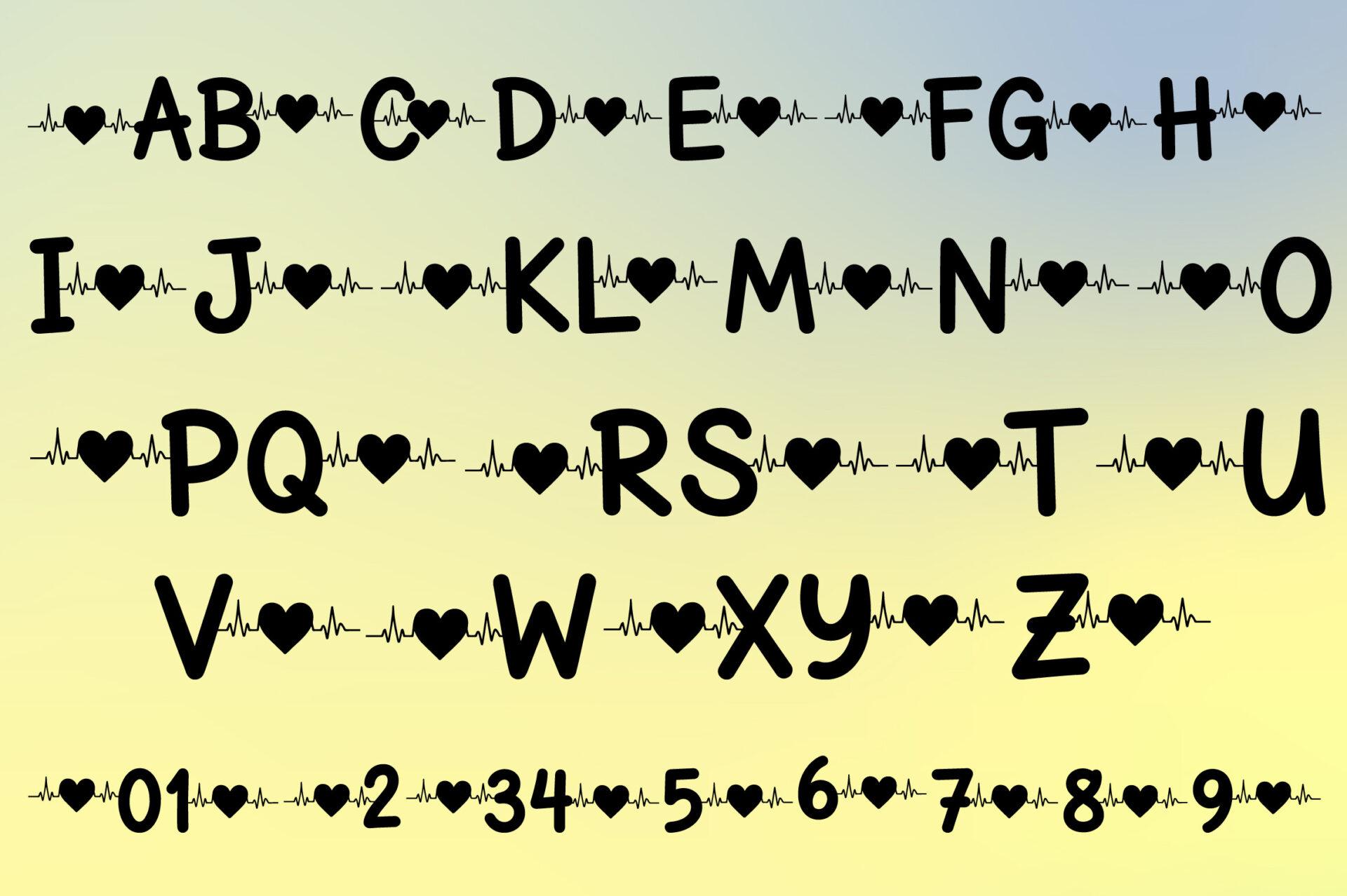 Brielle Font by MOMAT THIRTYONE alphabet, capitals linked by hearts and heartbeat lines