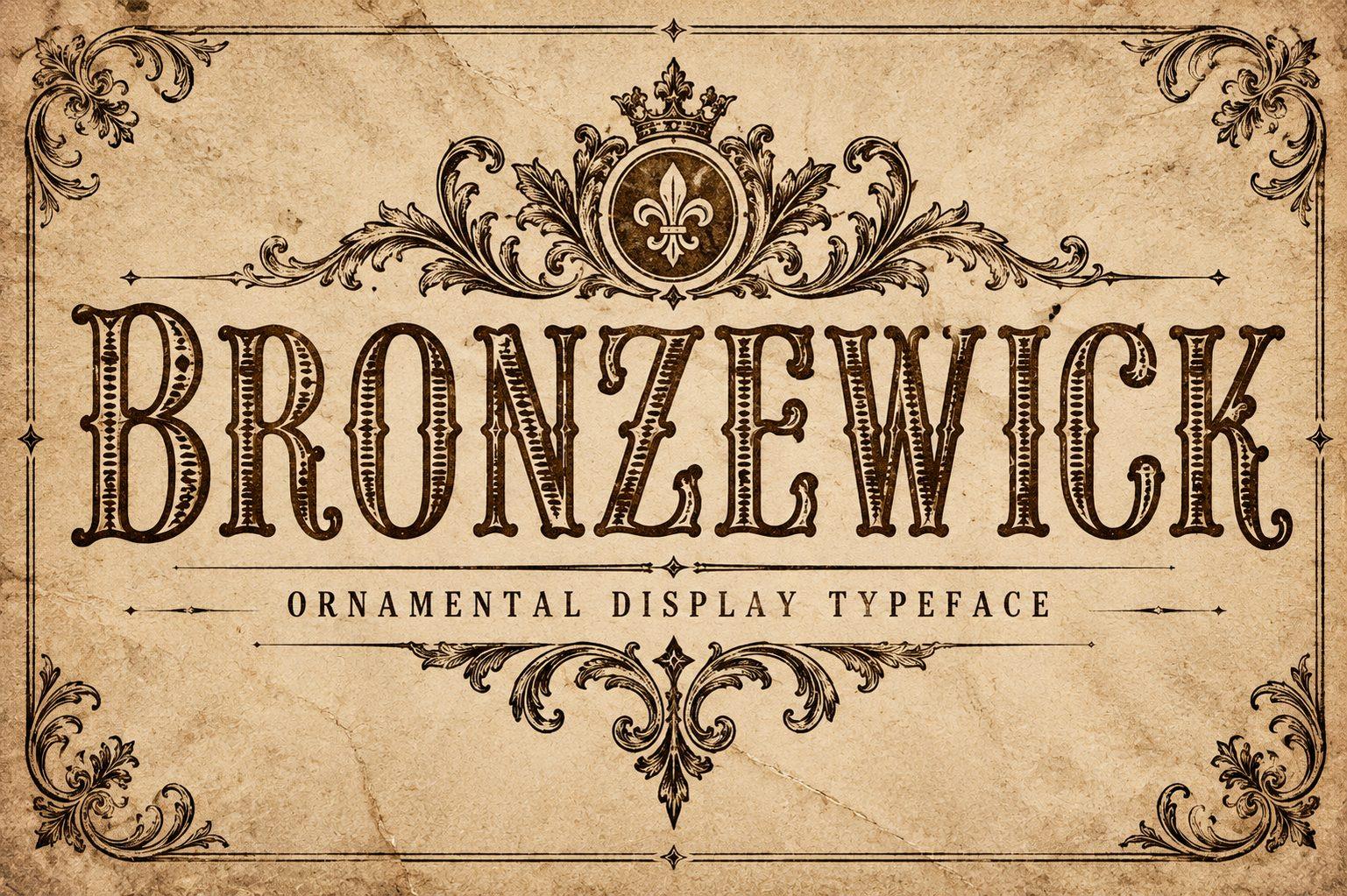 Bronzewick Font by Colourful, tall inline striped capitals inside an ornate Victorian border preview