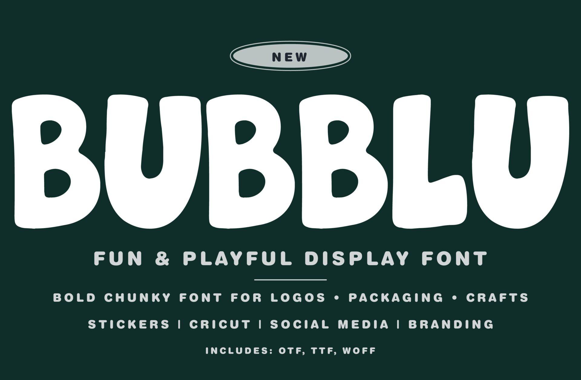 Bubblu Font by Minimalistartstudio, white ultra-heavy capitals on a dark green background