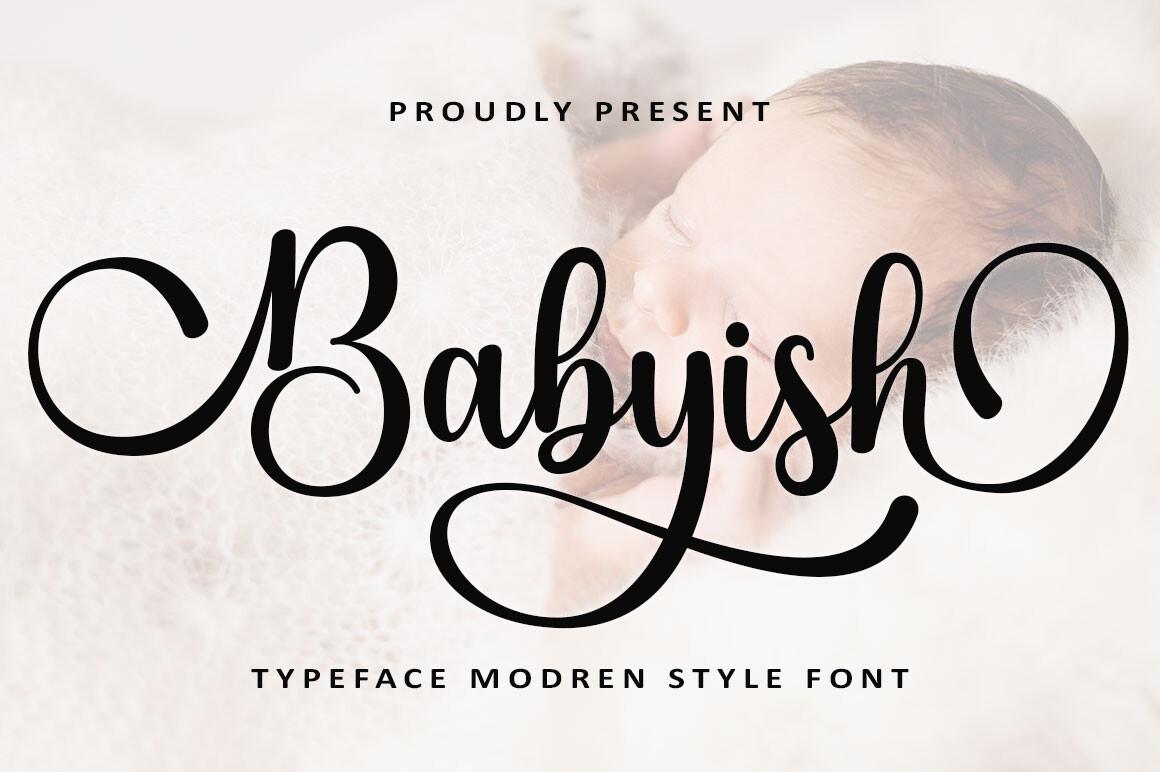 Babyish Font by madjack.font, bold black calligraphy script with big rounded loops on a white background