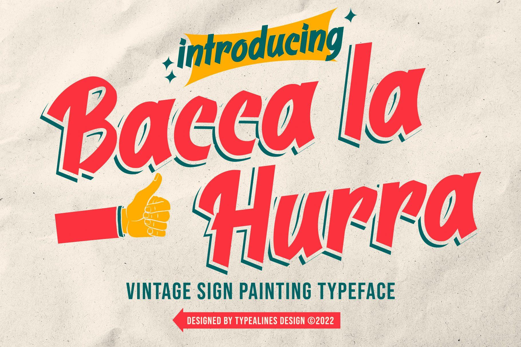 Bacca La Hurra Font by typealiens, red slanted brush script with a teal shadow on a crumpled paper preview