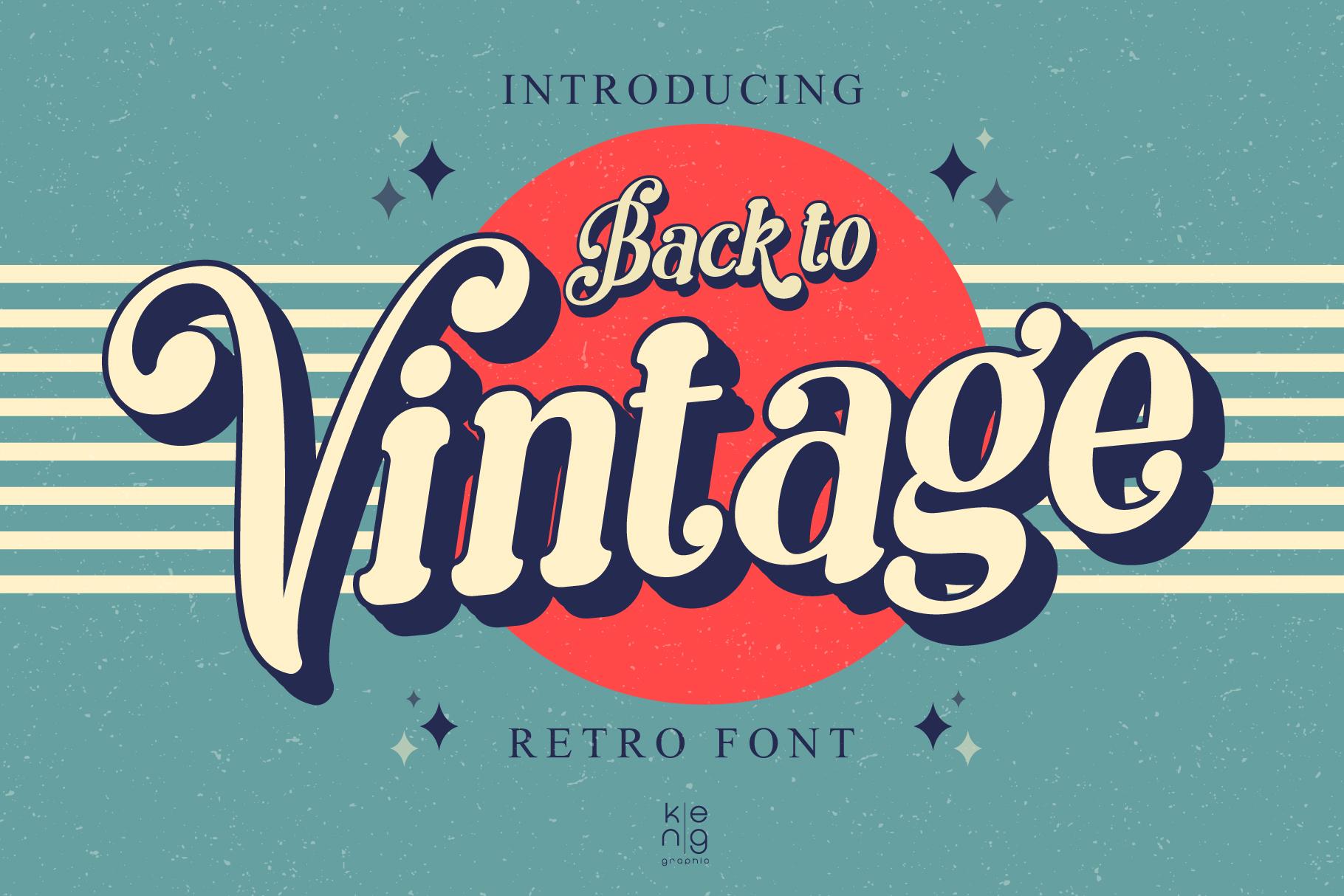 Back to Vintage Font by keng graphic, cream heavy retro script with a deep teal shadow on a red circle and teal striped preview
