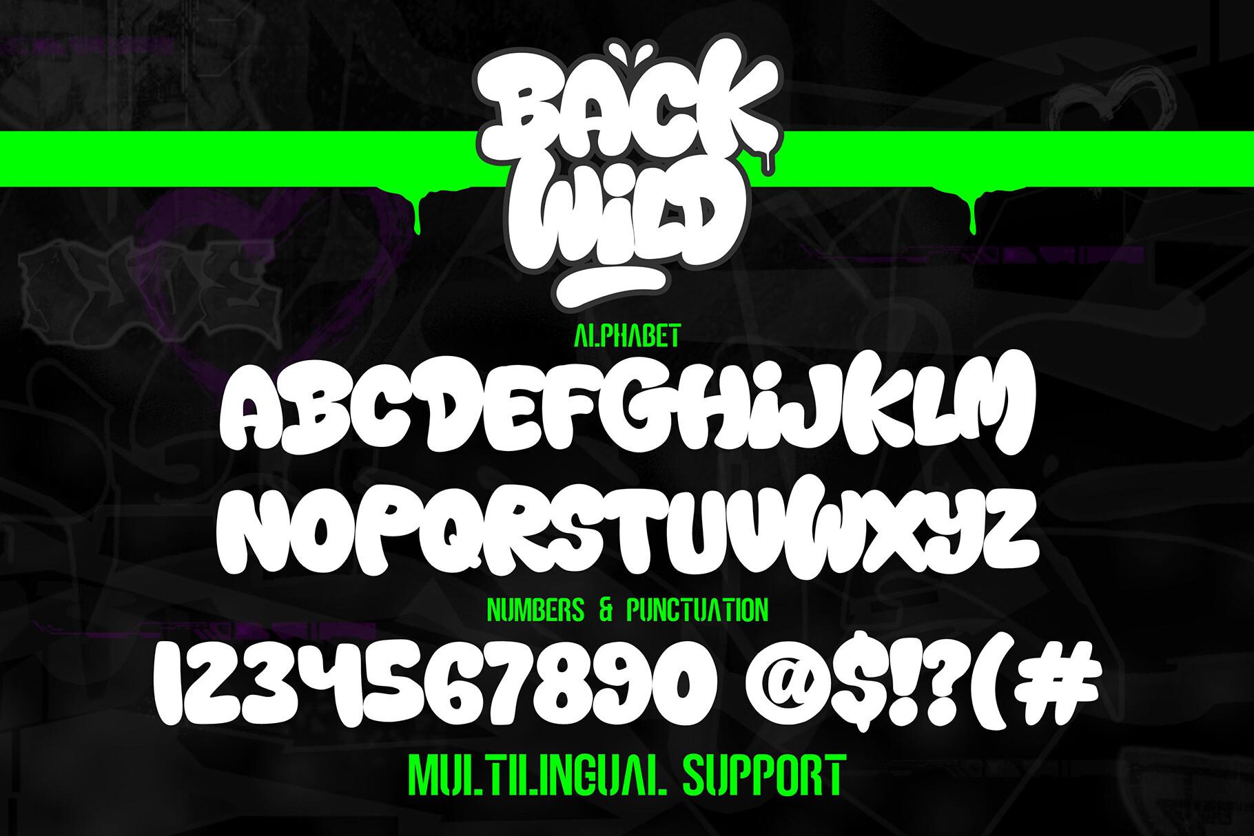 Back Wild Font by Cikareotype alphabet with bubble graffiti capitals, numbers and punctuation