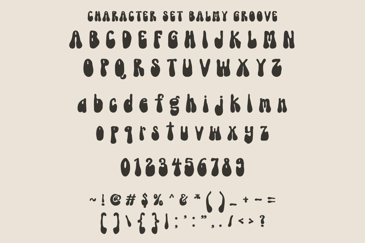 Balmy Groove Font by Sakti Avellin character set with wavy uppercase, lowercase, numbers and symbols