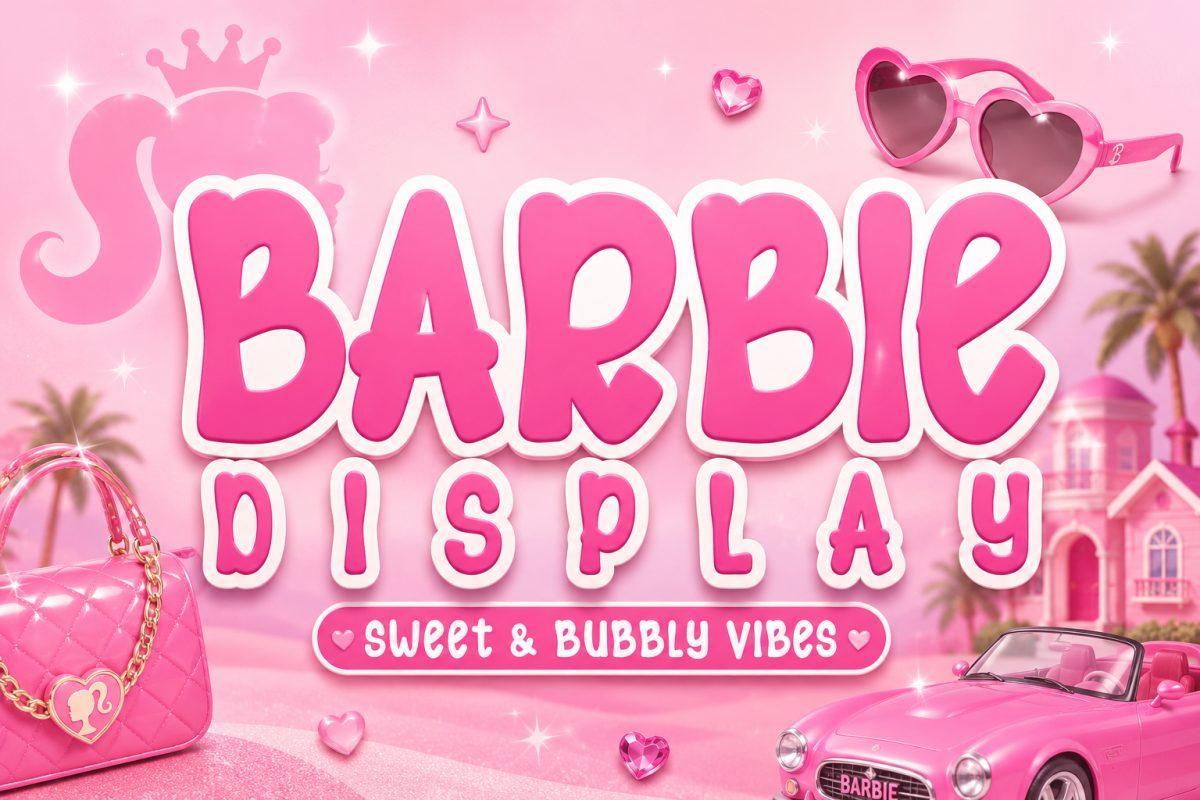 Barbie Font by KiddoCraft, rounded pink display letters with white outline on pink background