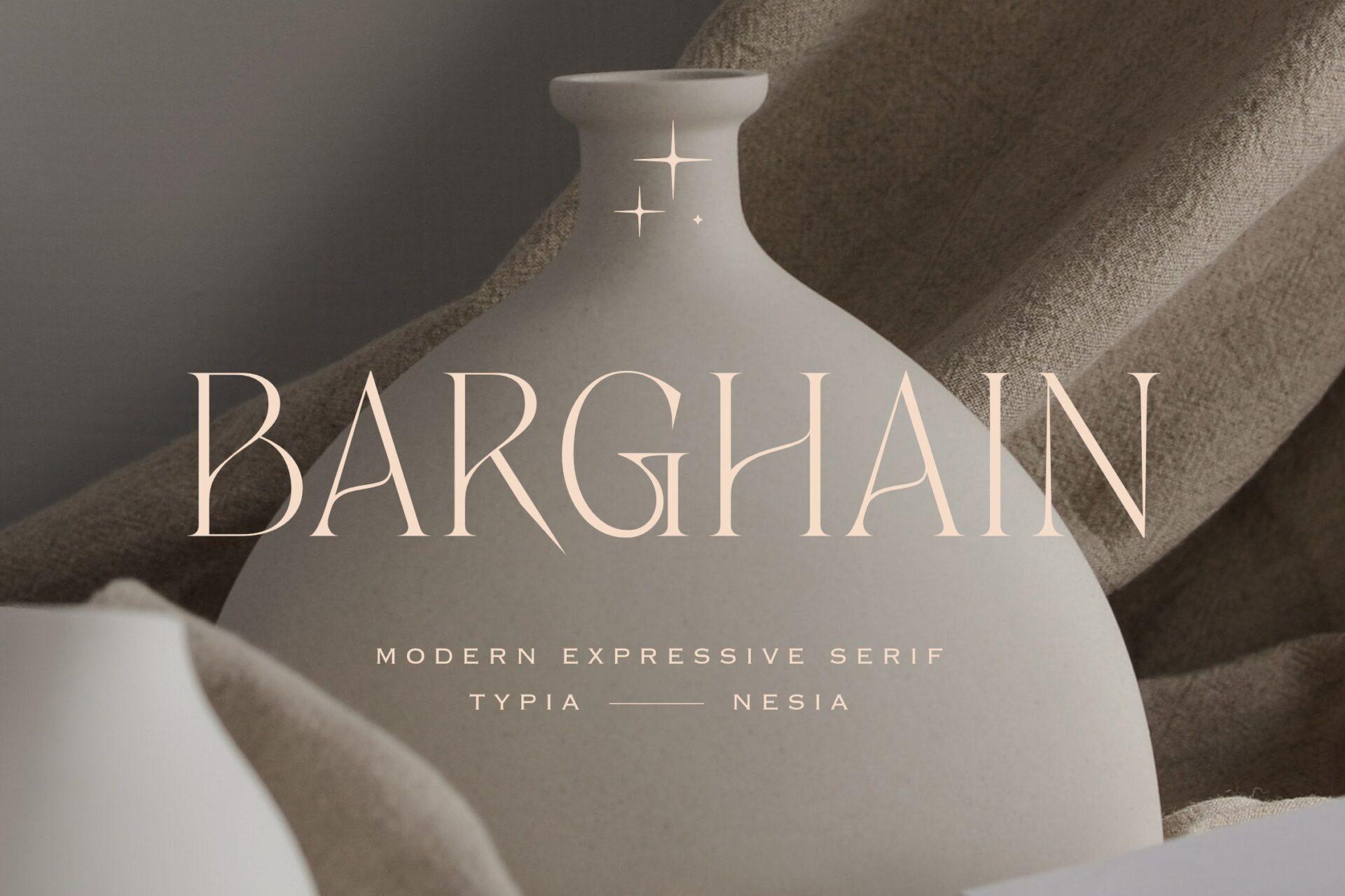 Barghain Font by Typia Nesia, light all-caps serif with flared strokes