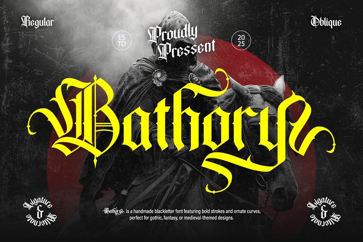 Bathory Font by Burntilldead, yellow blackletter font with a swashed capital on a dark background, tattoo font preview