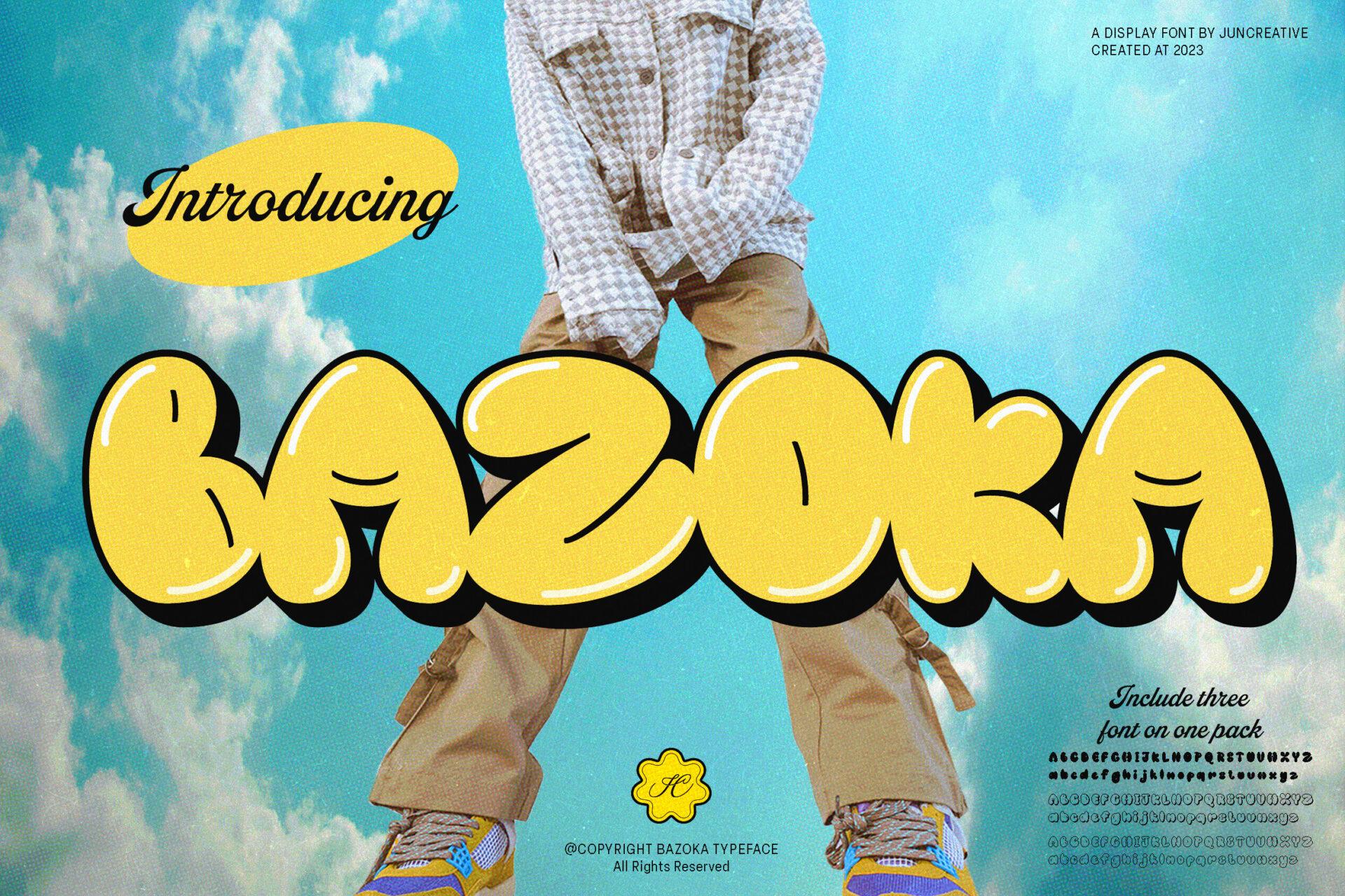 Bazoka Font by Juncreative, puffy yellow bubble graffiti letters on a sky photo font preview