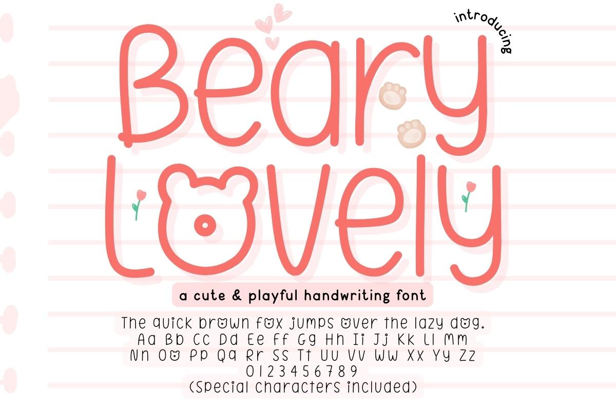 Beary Lovely Font by narinari32, thin rounded handwriting with a bear-face o