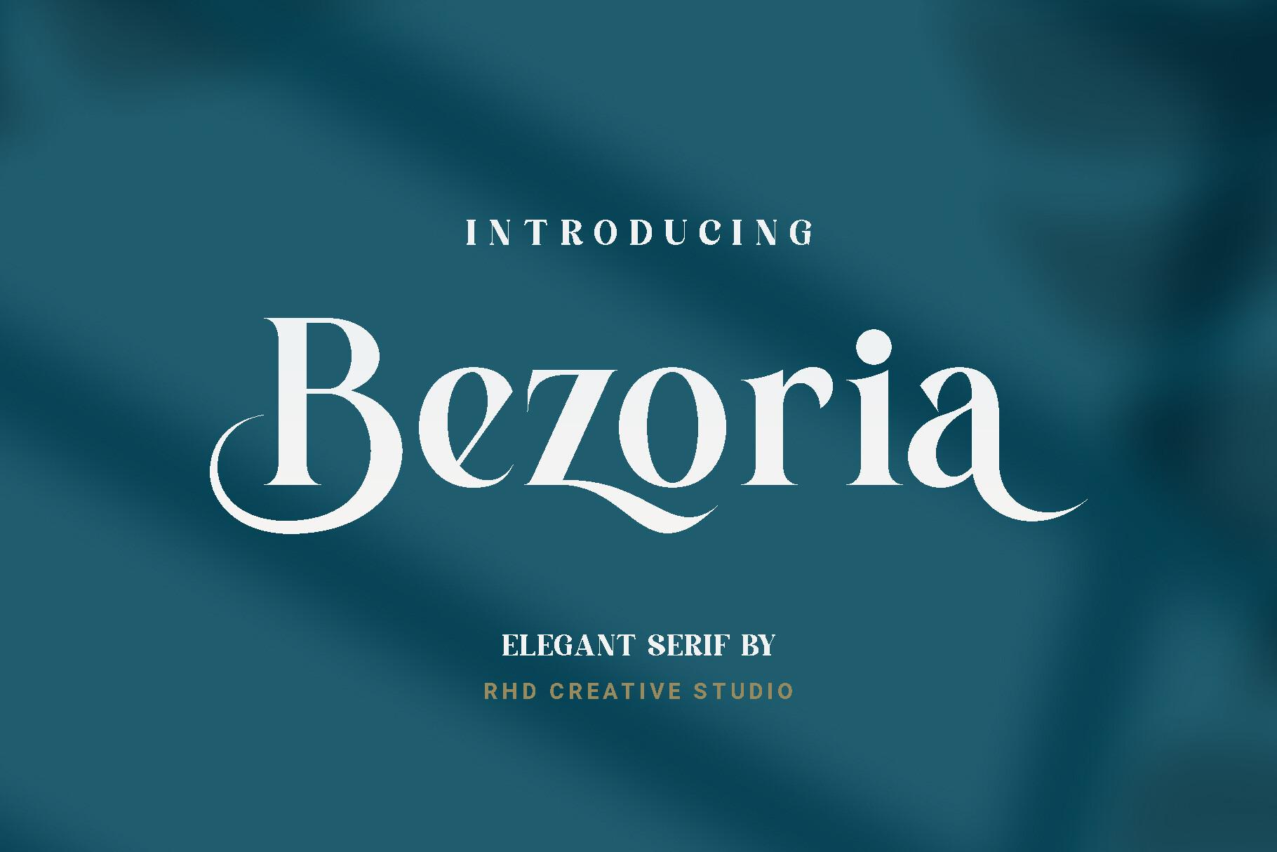 Bezoria Font by RHD Creative Studio, bold elegant serif in white on teal