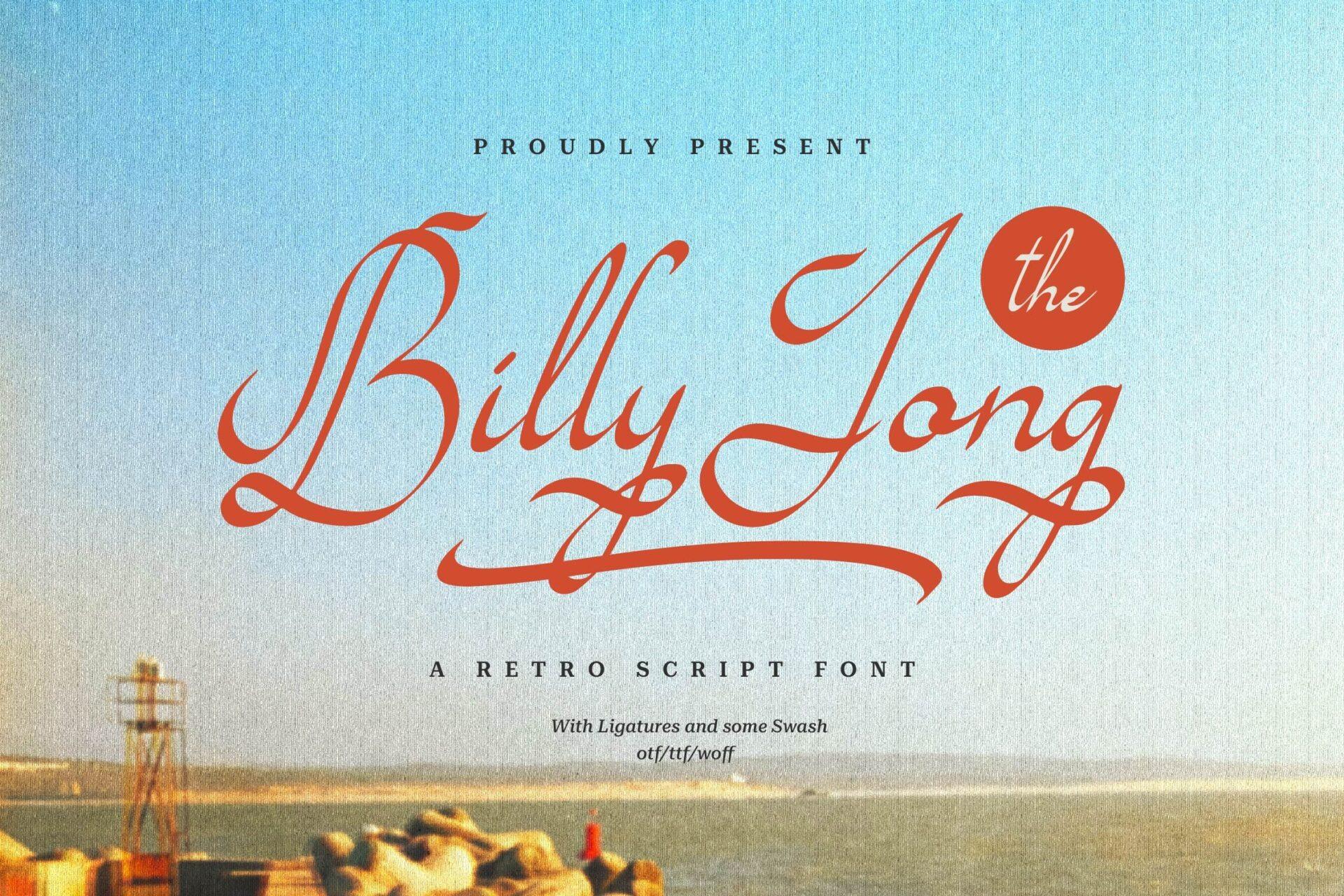 Billy Jong Font by Gracetypestudio, thin retro script with tall looped capitals and ligatures
