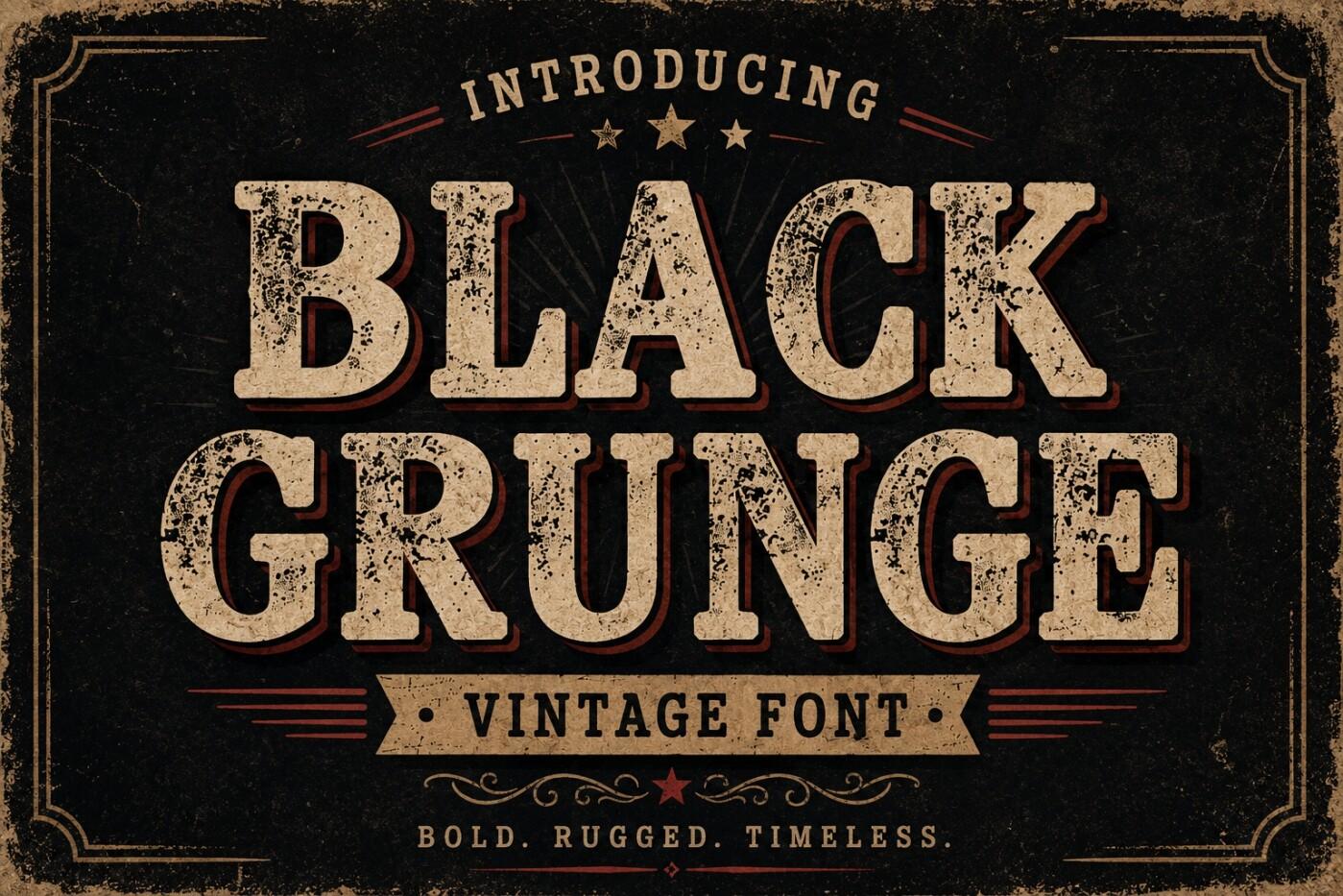 Black Grunge Font by WNIdesign, cream eroded slab capitals with a red shadow on a black preview