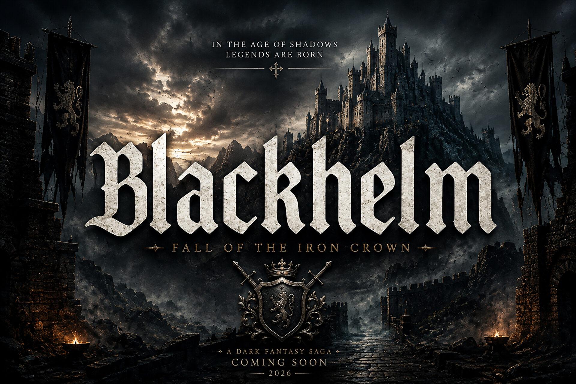 Blackhelm Font by BILLI, heavy blackletter title over a dark castle