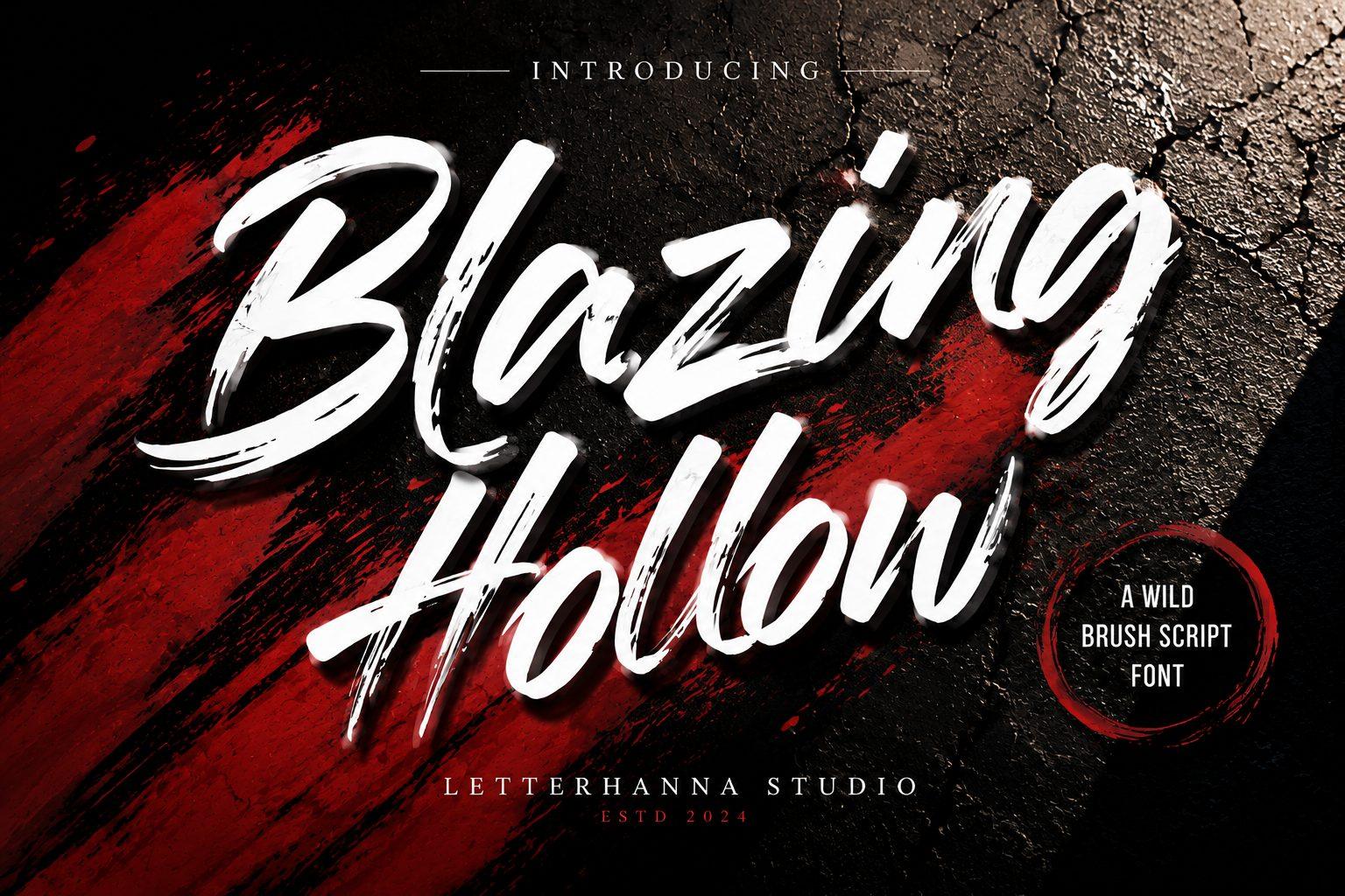 Blazing Hollow Font by letterhanna, white dry brush script on a red and black background, tattoo font preview