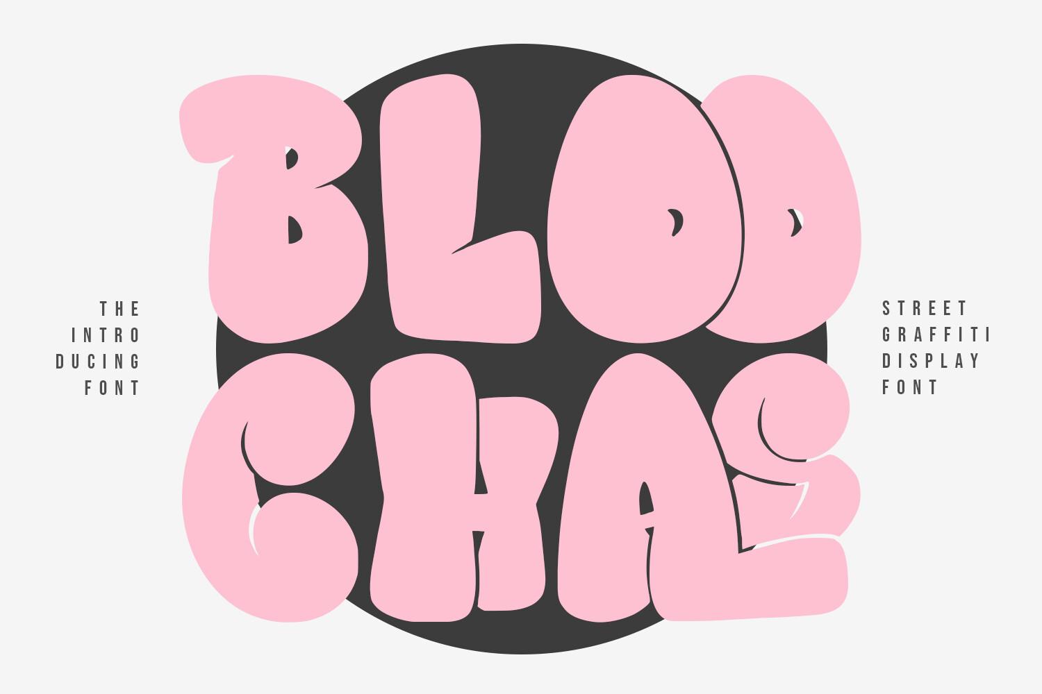 Bloochas Font by Maulana Creative, fat pink bubble graffiti letters on a dark circle font preview