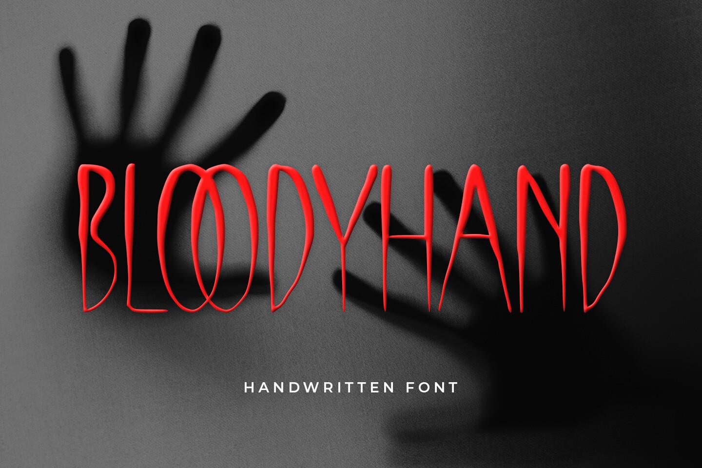 Bloody Hand Font by Abodaniel, very tall narrow red handwritten capitals behind the shadow of a hand