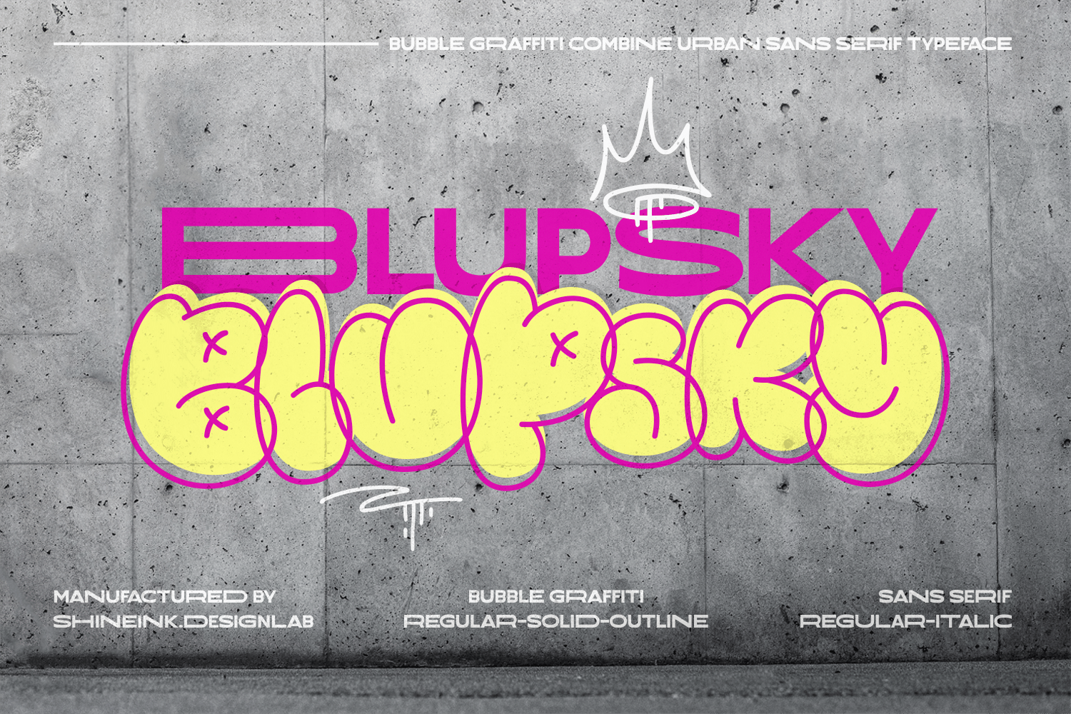 Blupsky Font by shineink.designlab, yellow bubble letters with a magenta outline on a concrete wall font preview