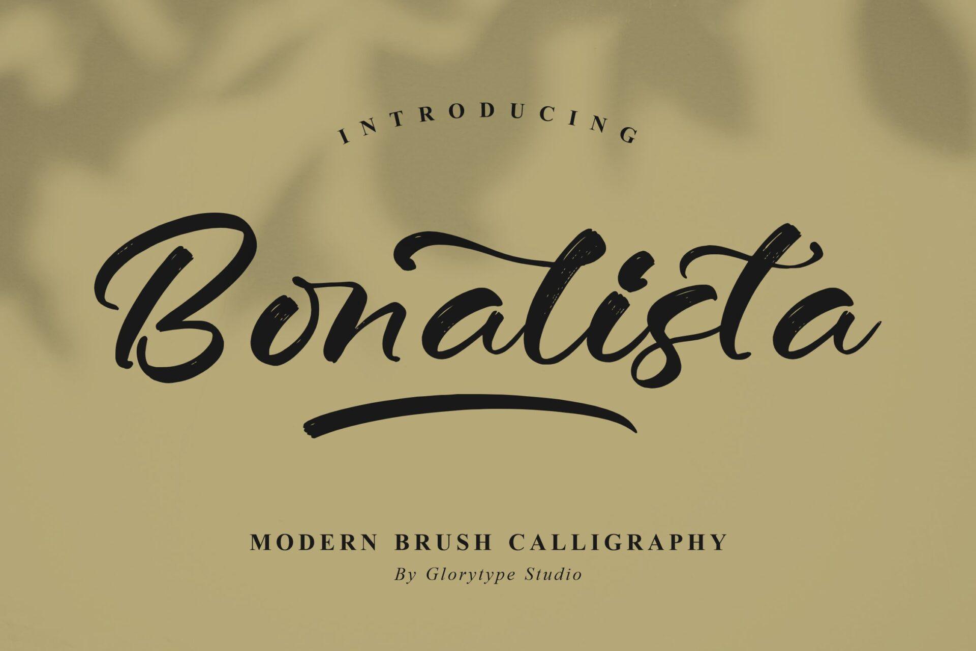 Bonalista Font by Glorytype Studio, black compact brush calligraphy on khaki