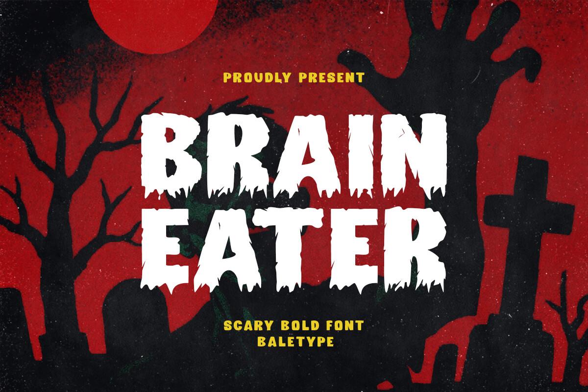 Brain Eater Font by baletype, heavy white square capitals with torn edges and short drips